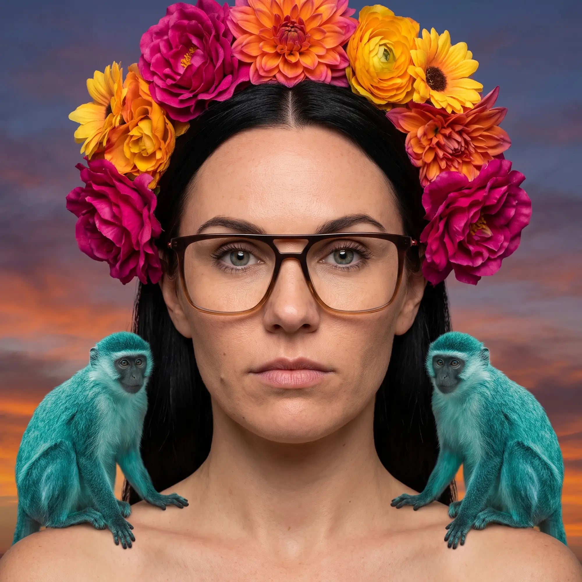 Fiore 10177 eyeglasses in brown, worn by a model – campaign portrait, surreal painted portrait with flower crown