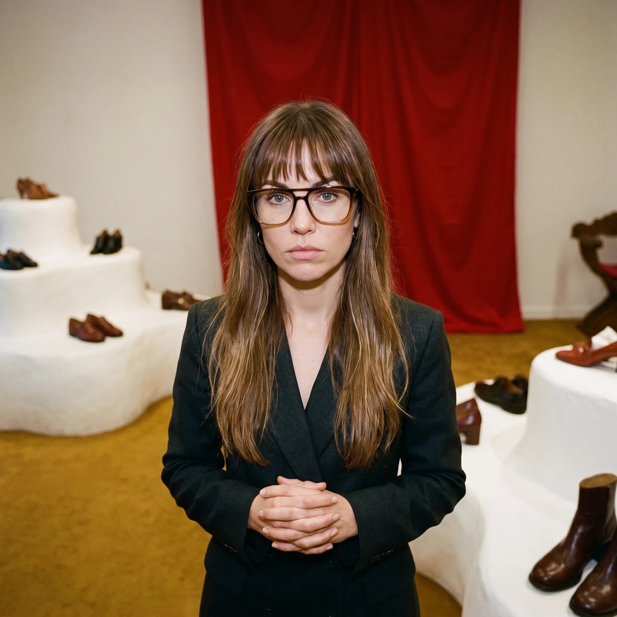 Fiore 10177 eyeglasses in brown, worn by a model – campaign portrait, gallery scene with red curtain and plinths