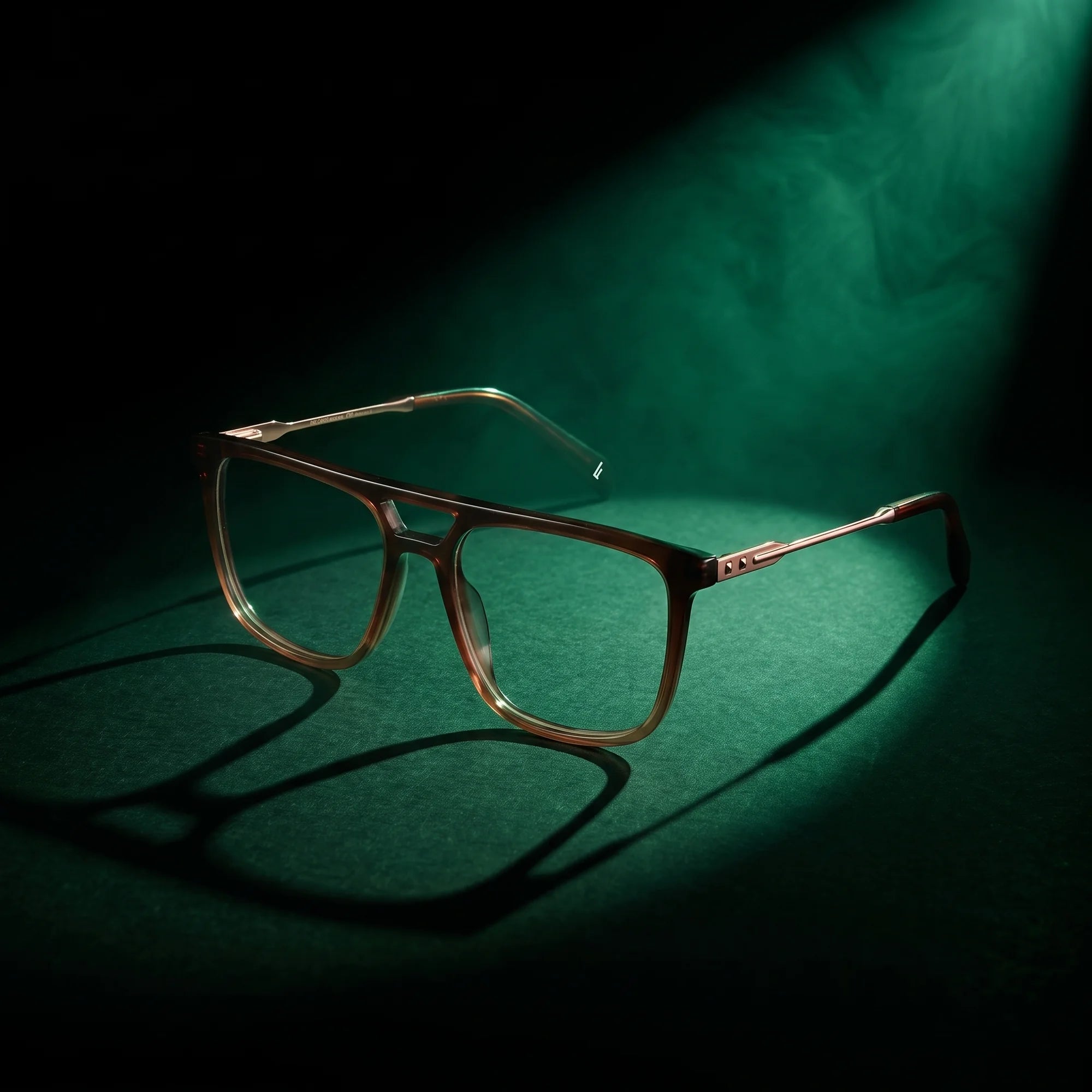 Fiore 10177 eyeglasses in brown – under a theatrical beam of light