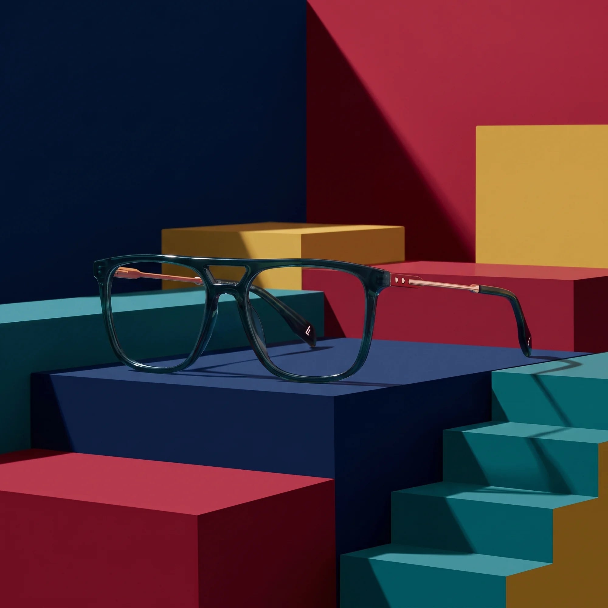 Fiore 10177 eyeglasses in green – on bold primary color-block steps