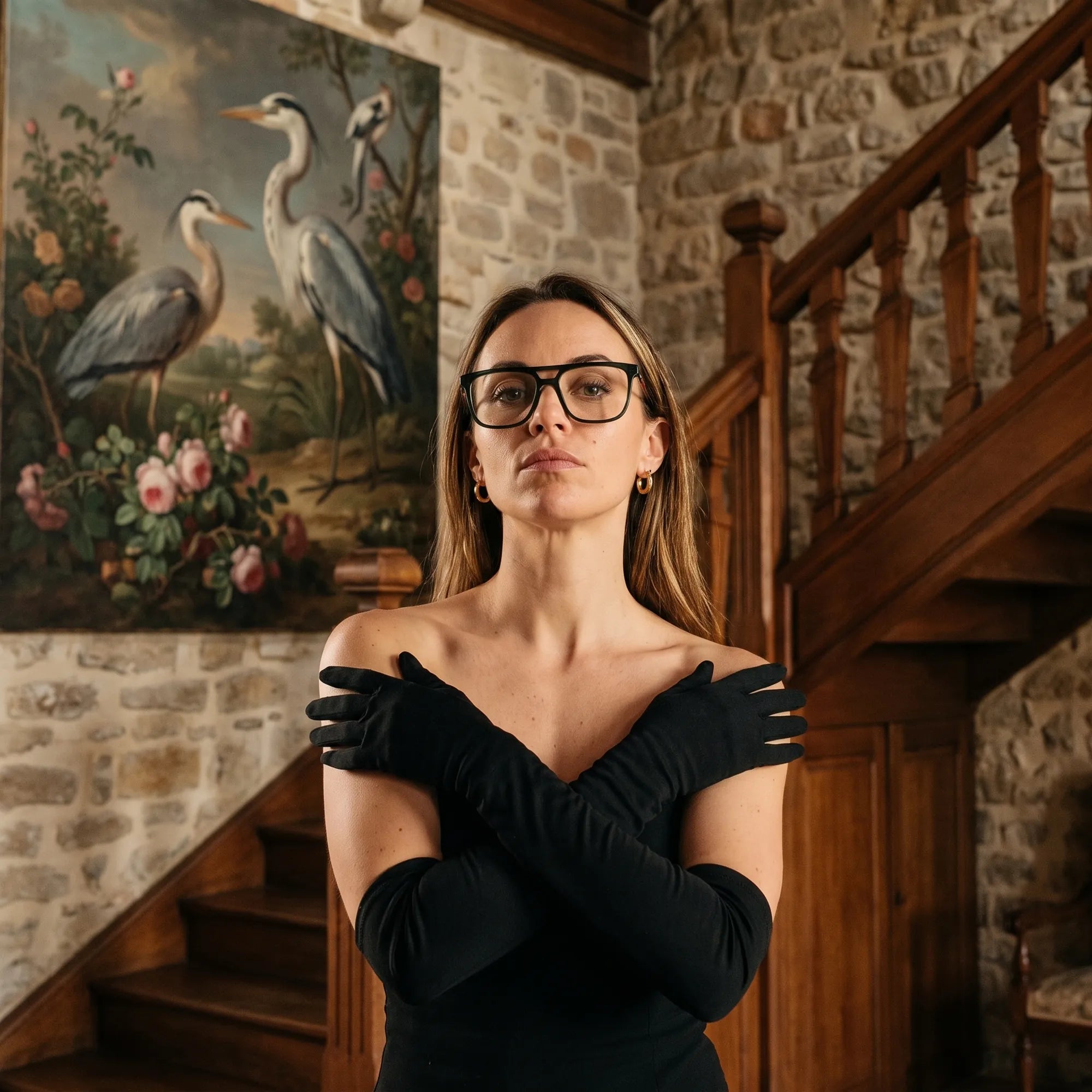 Fiore 10177 eyeglasses in green, worn by a model – campaign portrait, manor interior, heron painting and opera gloves