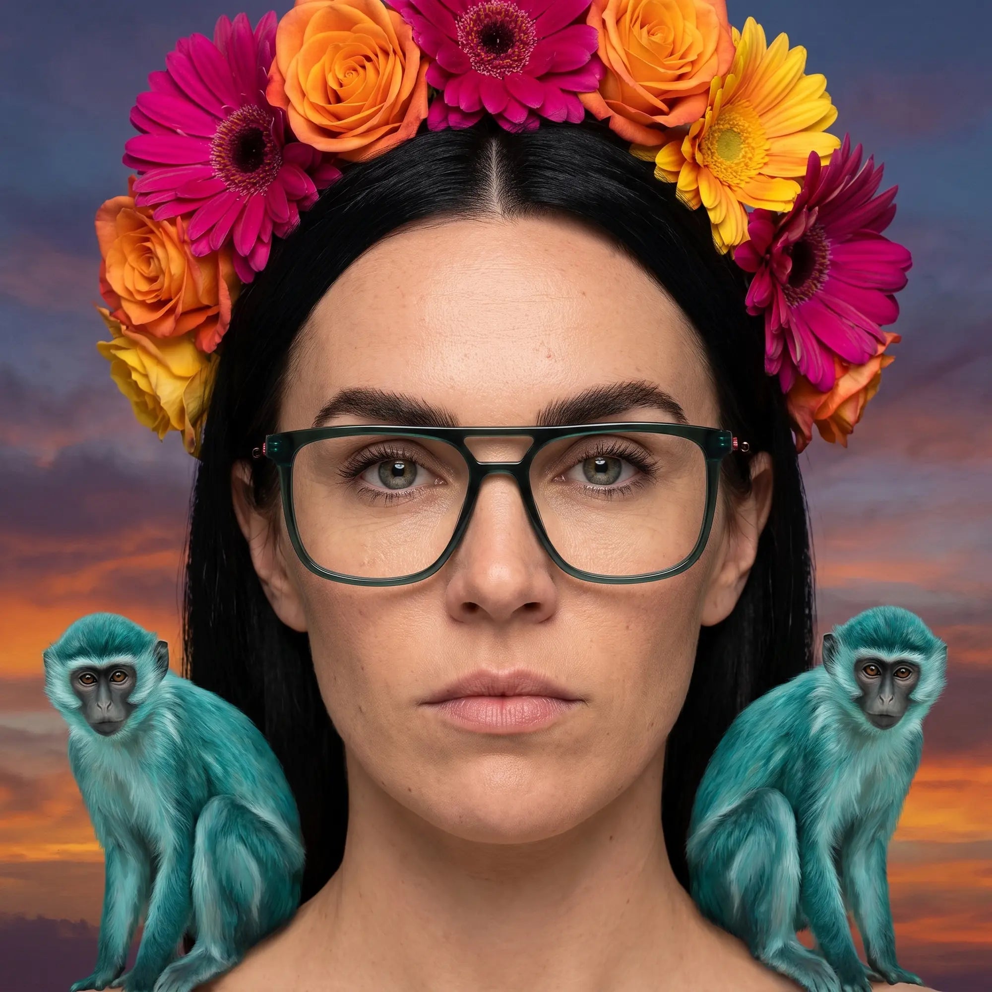 Fiore 10177 eyeglasses in green, worn by a model – campaign portrait, surreal painted portrait with flower crown