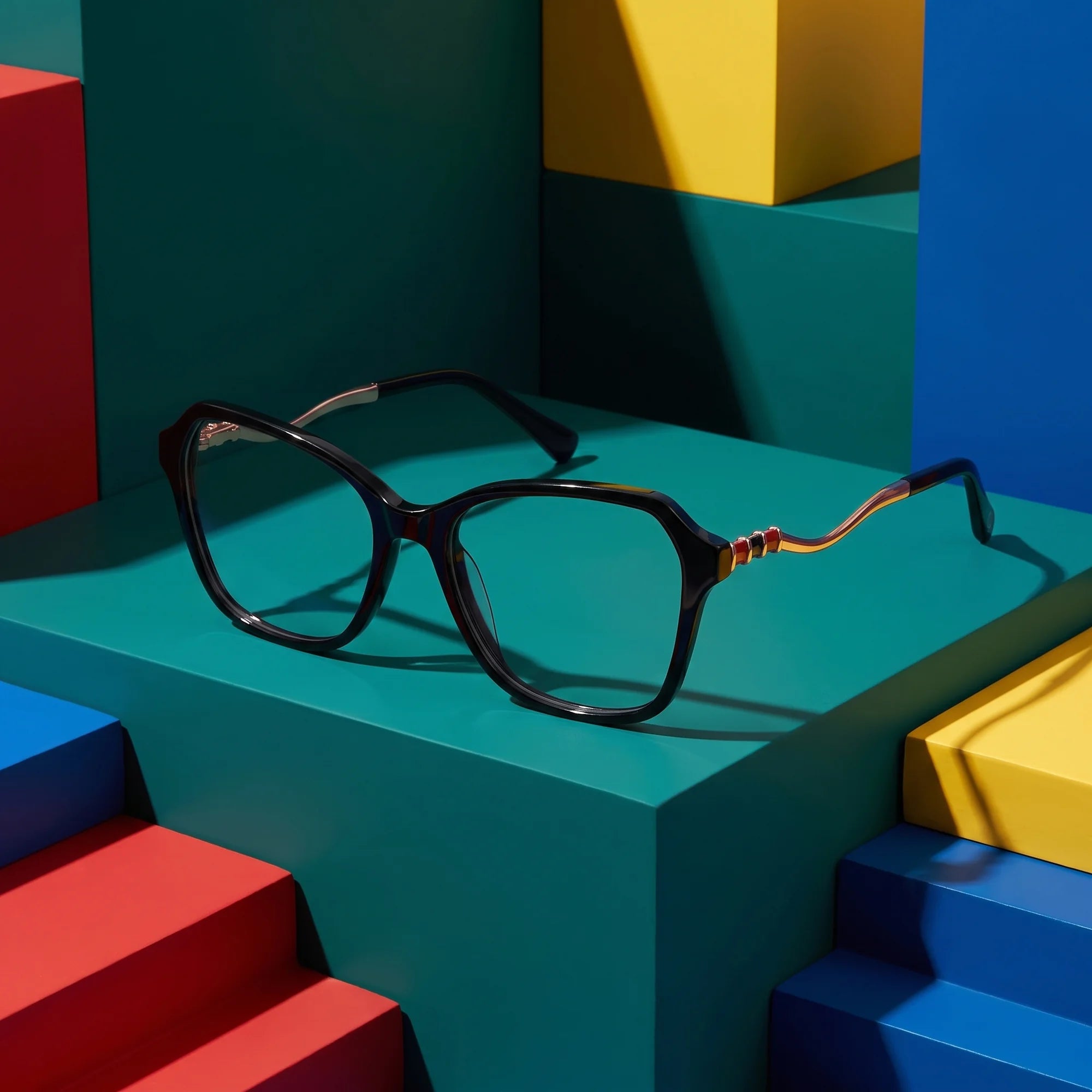 Fiore 1030 eyeglasses in black – on bold primary color-block steps