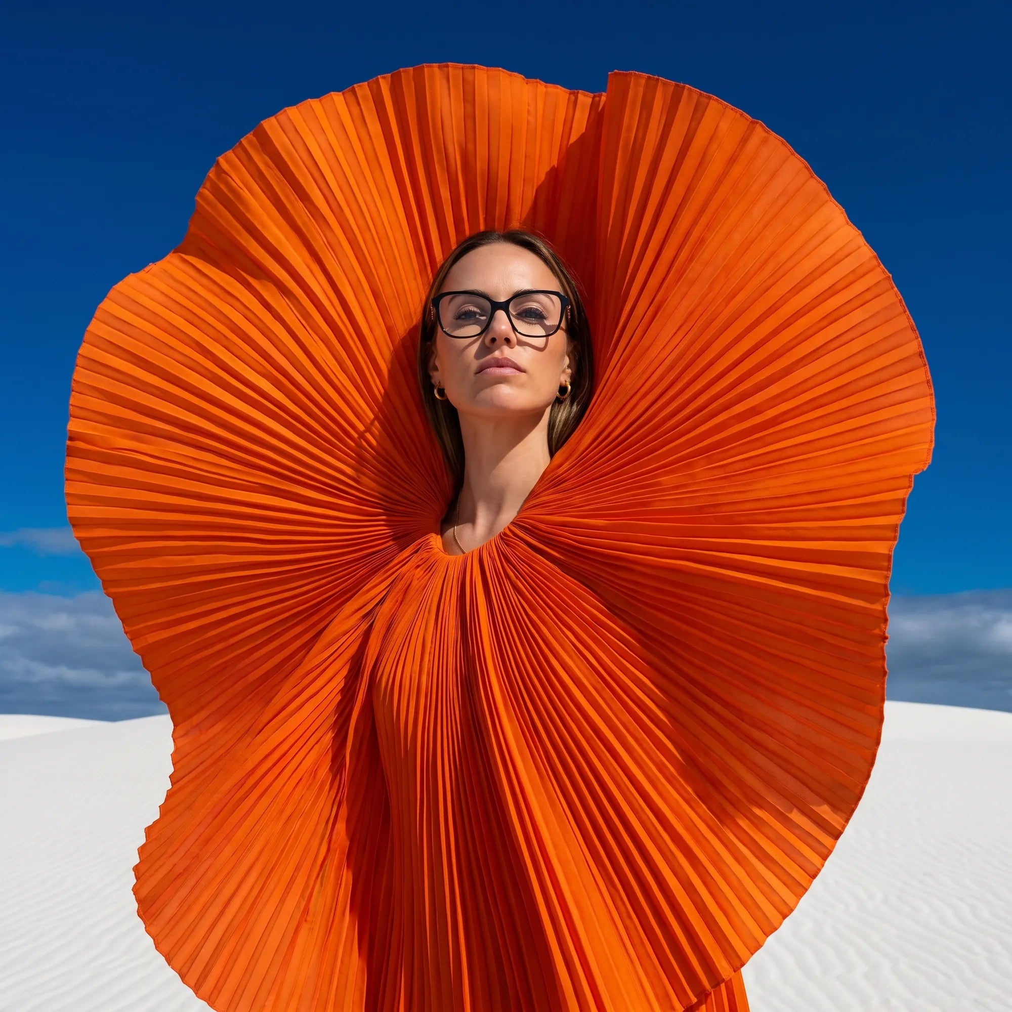 Fiore 1030 eyeglasses in black, worn by a model – campaign portrait, sculptural orange pleated fan on white dunes