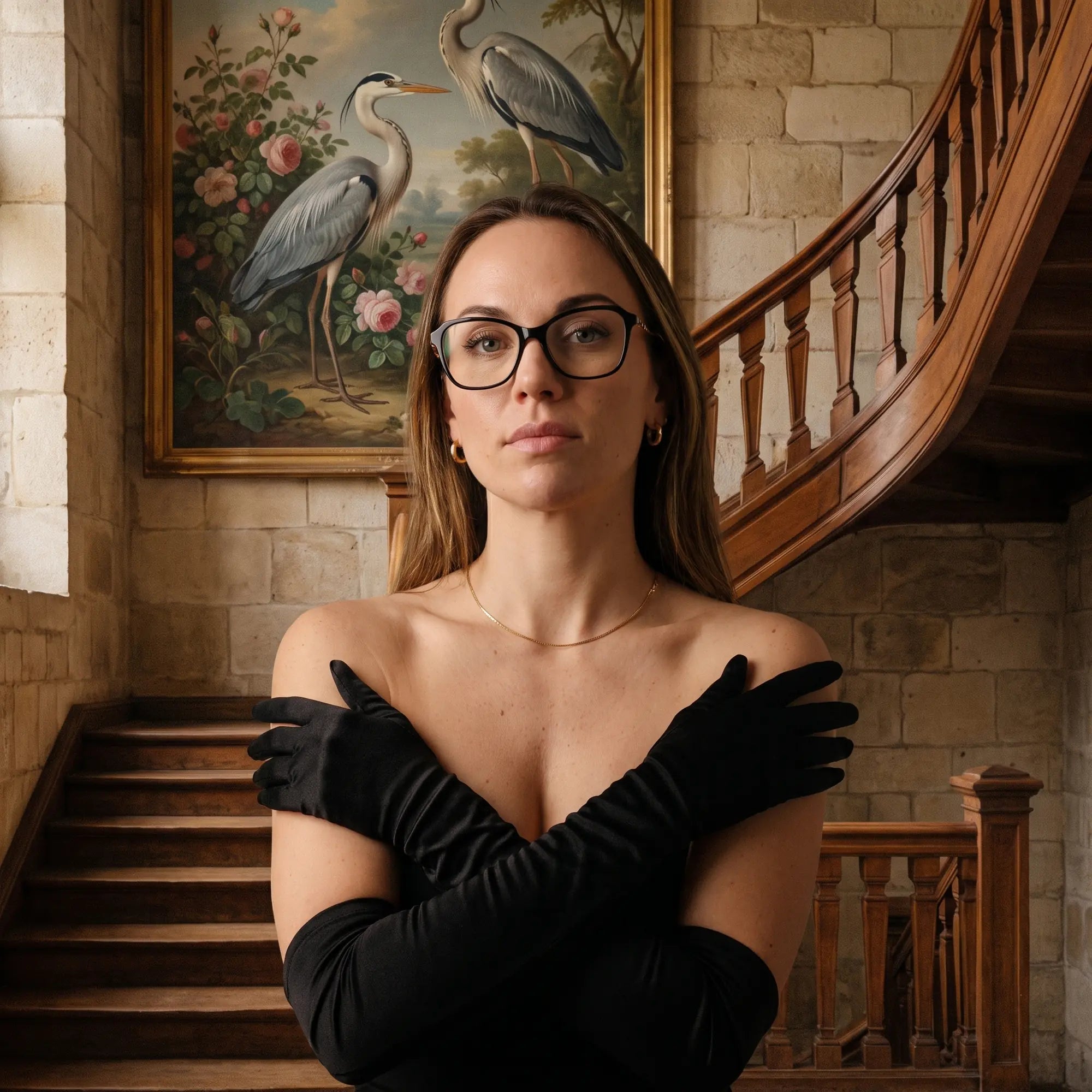 Fiore 1030 eyeglasses in black, worn by a model – campaign portrait, manor interior, heron painting and opera gloves