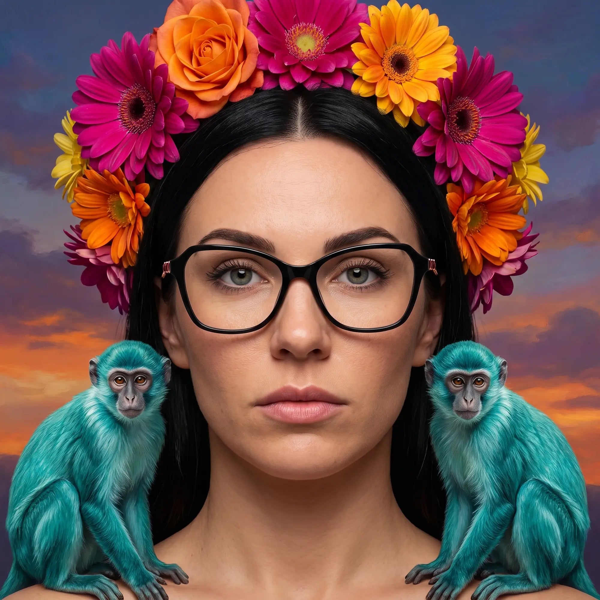 Fiore 1030 eyeglasses in black, worn by a model – campaign portrait, surreal painted portrait with flower crown