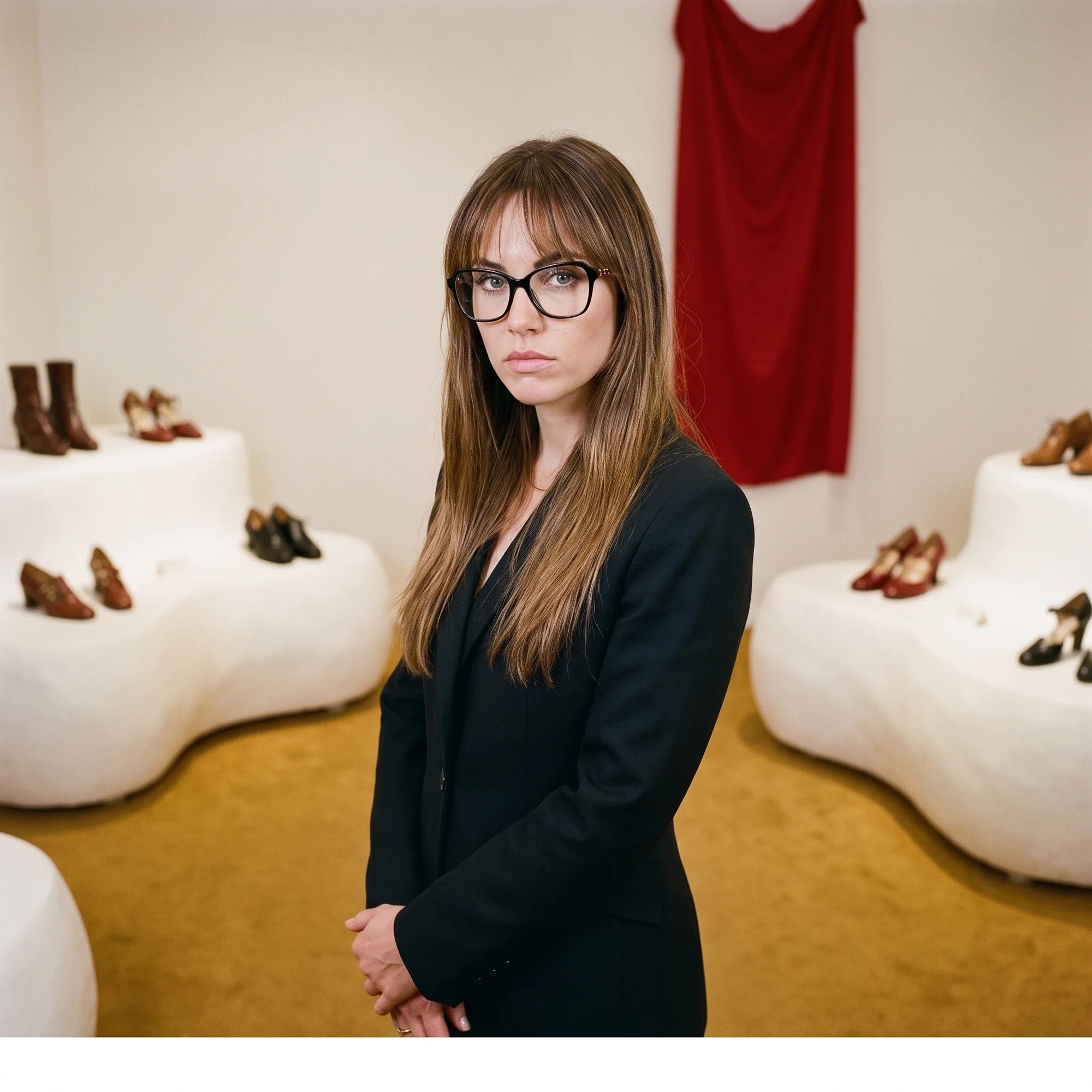 Fiore 1030 eyeglasses in black, worn by a model – campaign portrait, gallery scene with red curtain and plinths