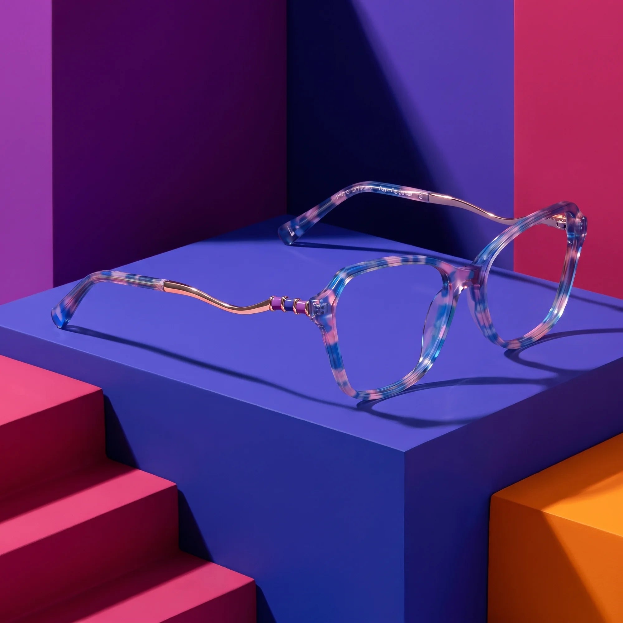 Fiore 1030 eyeglasses in blue pink – on bold primary color-block steps