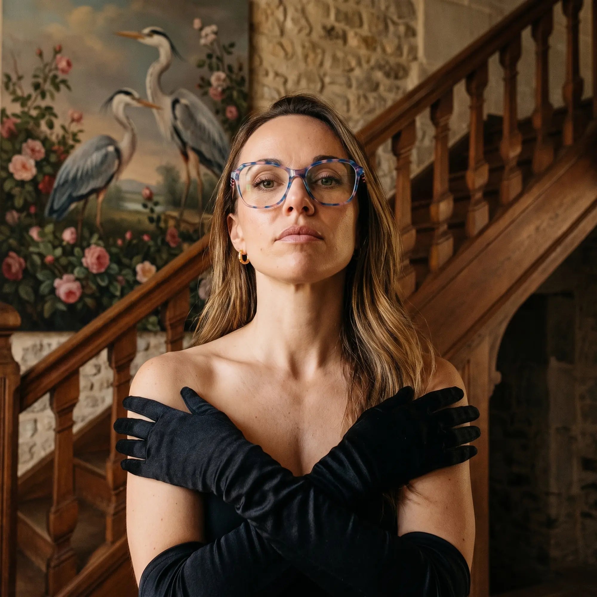 Fiore 1030 eyeglasses in blue pink, worn by a model – campaign portrait, manor interior, heron painting and opera gloves