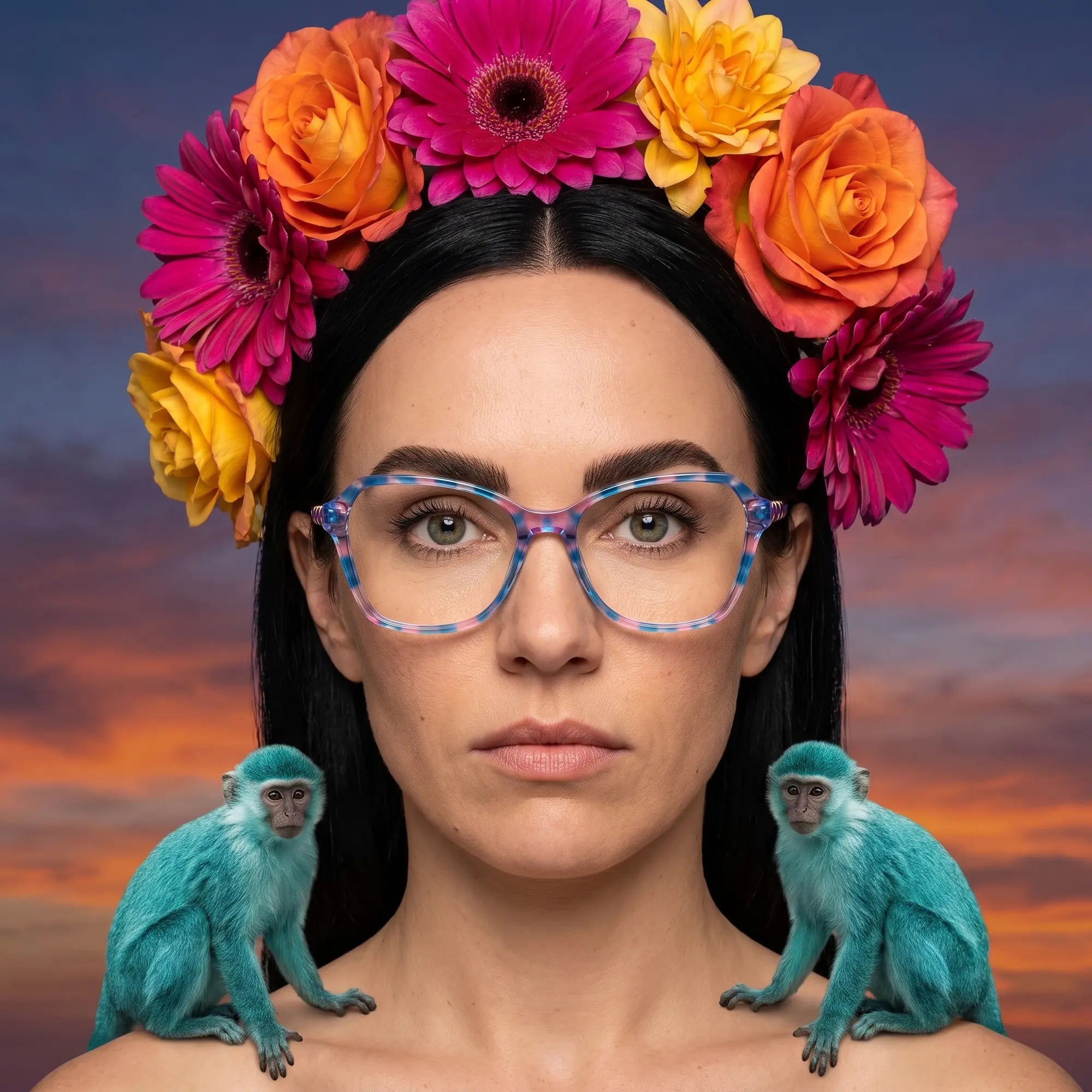 Fiore 1030 eyeglasses in blue pink, worn by a model – campaign portrait, surreal painted portrait with flower crown