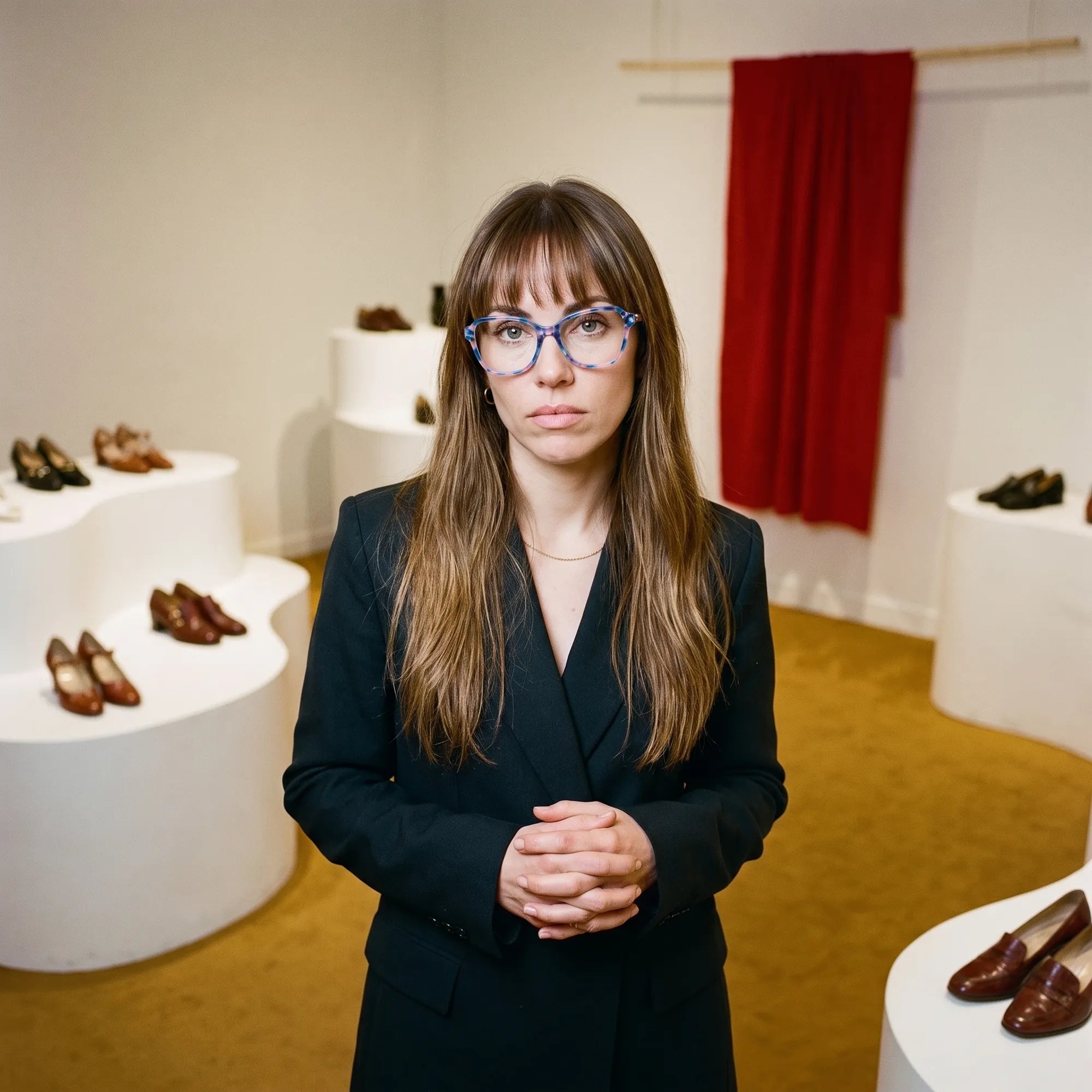 Fiore 1030 eyeglasses in blue pink, worn by a model – campaign portrait, gallery scene with red curtain and plinths