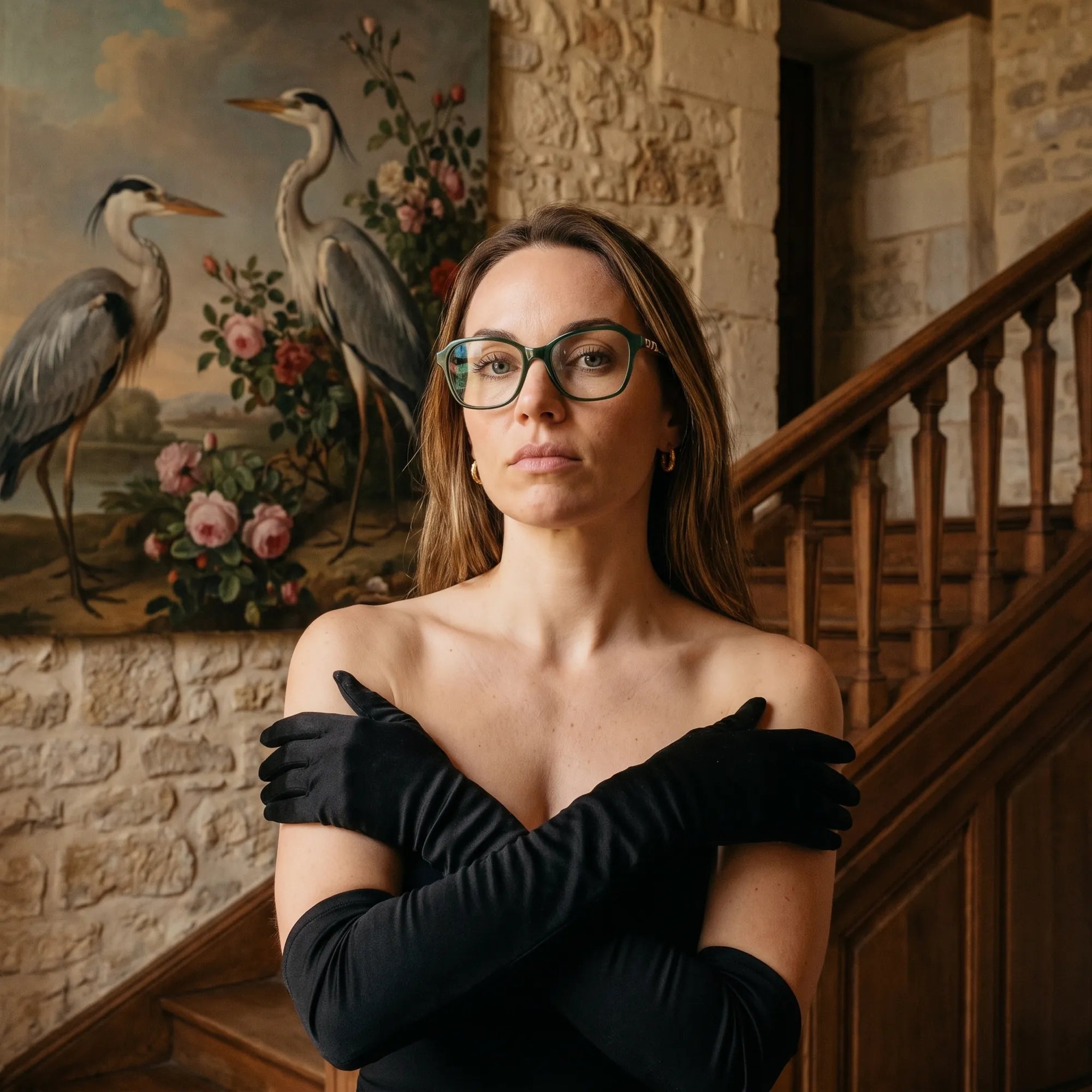 Fiore 1030 eyeglasses in green, worn by a model – campaign portrait, manor interior, heron painting and opera gloves