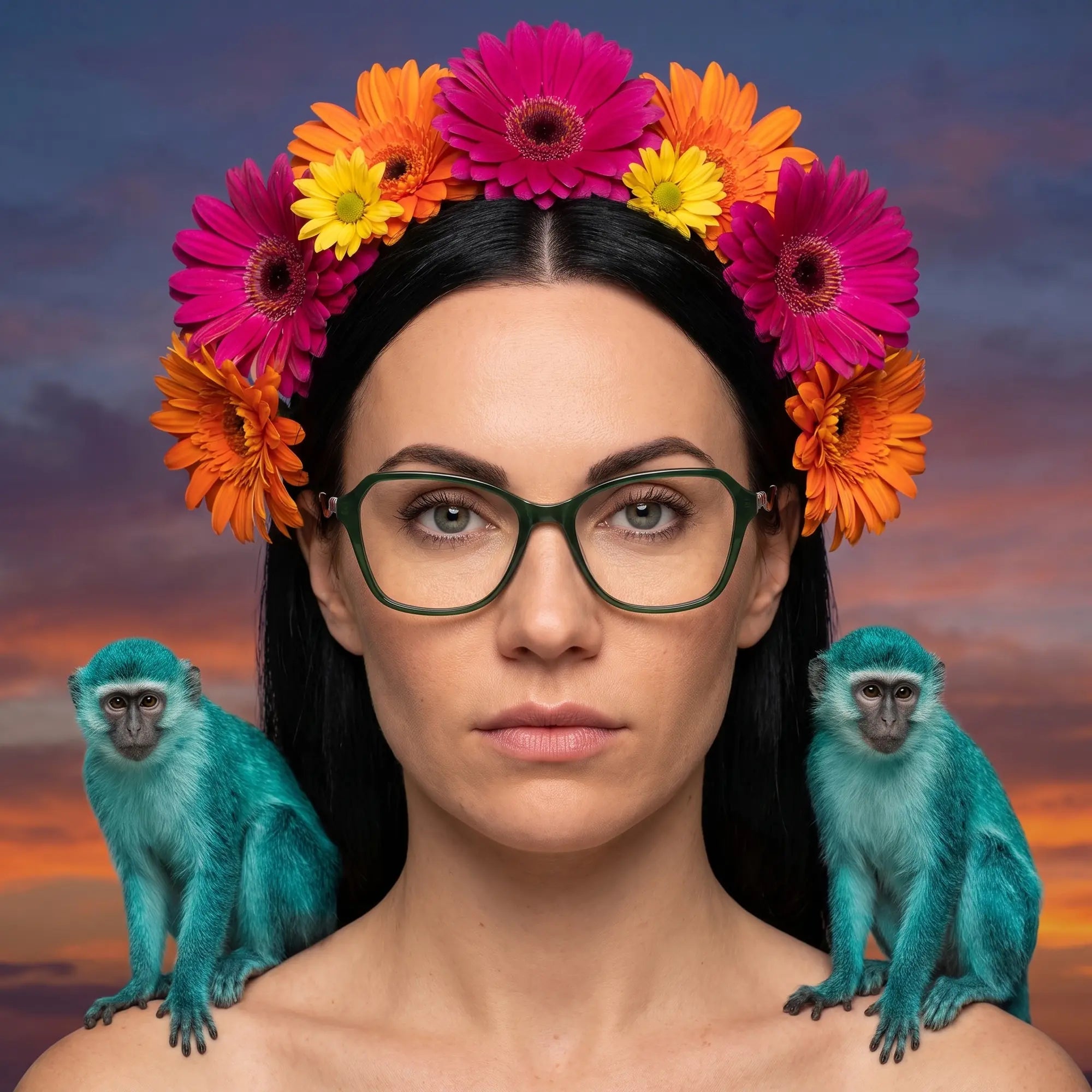 Fiore 1030 eyeglasses in green, worn by a model – campaign portrait, surreal painted portrait with flower crown
