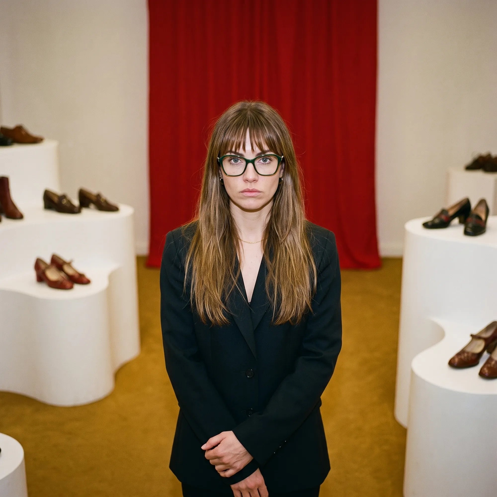 Fiore 1030 eyeglasses in green, worn by a model – campaign portrait, gallery scene with red curtain and plinths