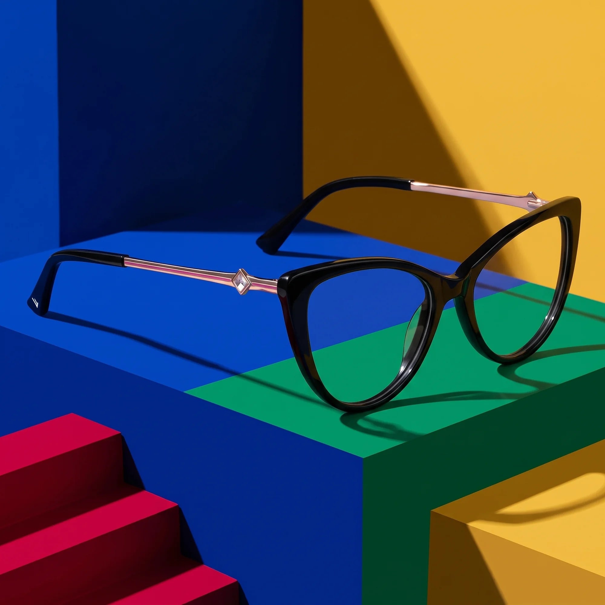 Fiore 1031 eyeglasses in black – on bold primary color-block steps