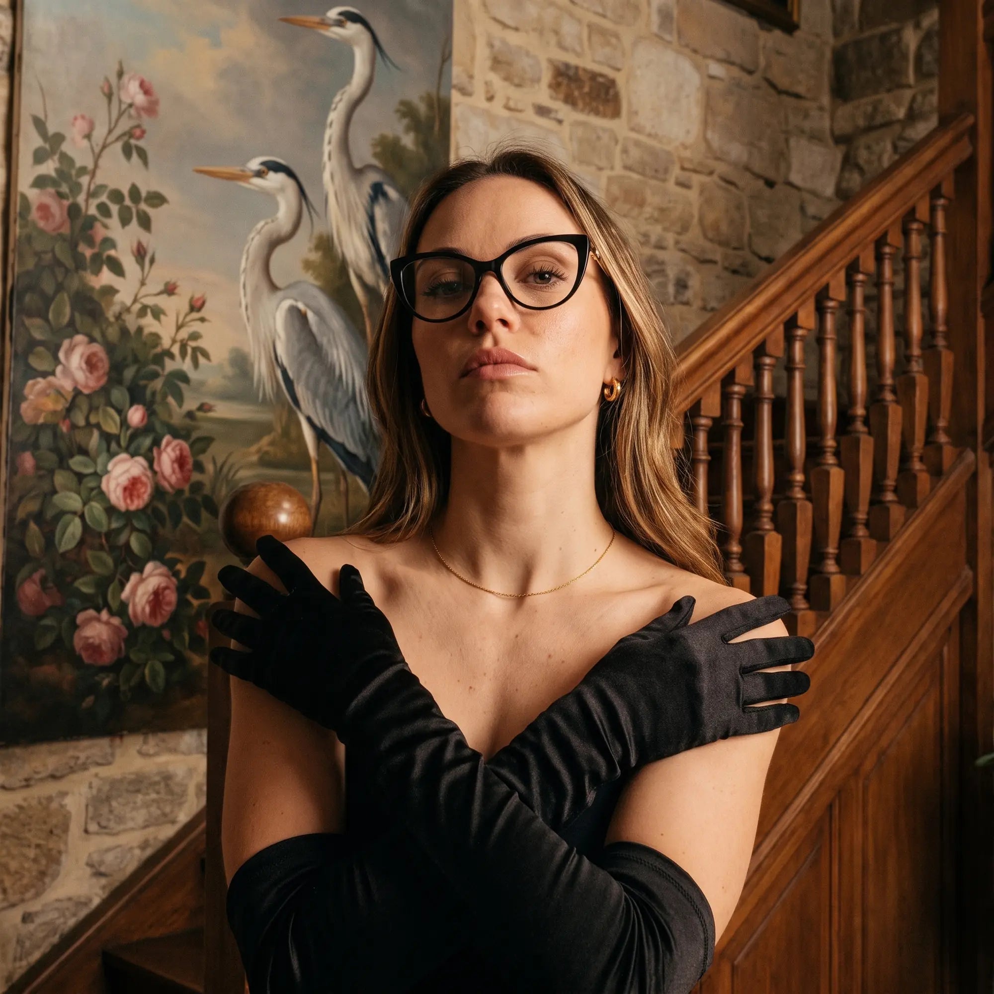 Fiore 1031 eyeglasses in black, worn by a model – campaign portrait, manor interior, heron painting and opera gloves