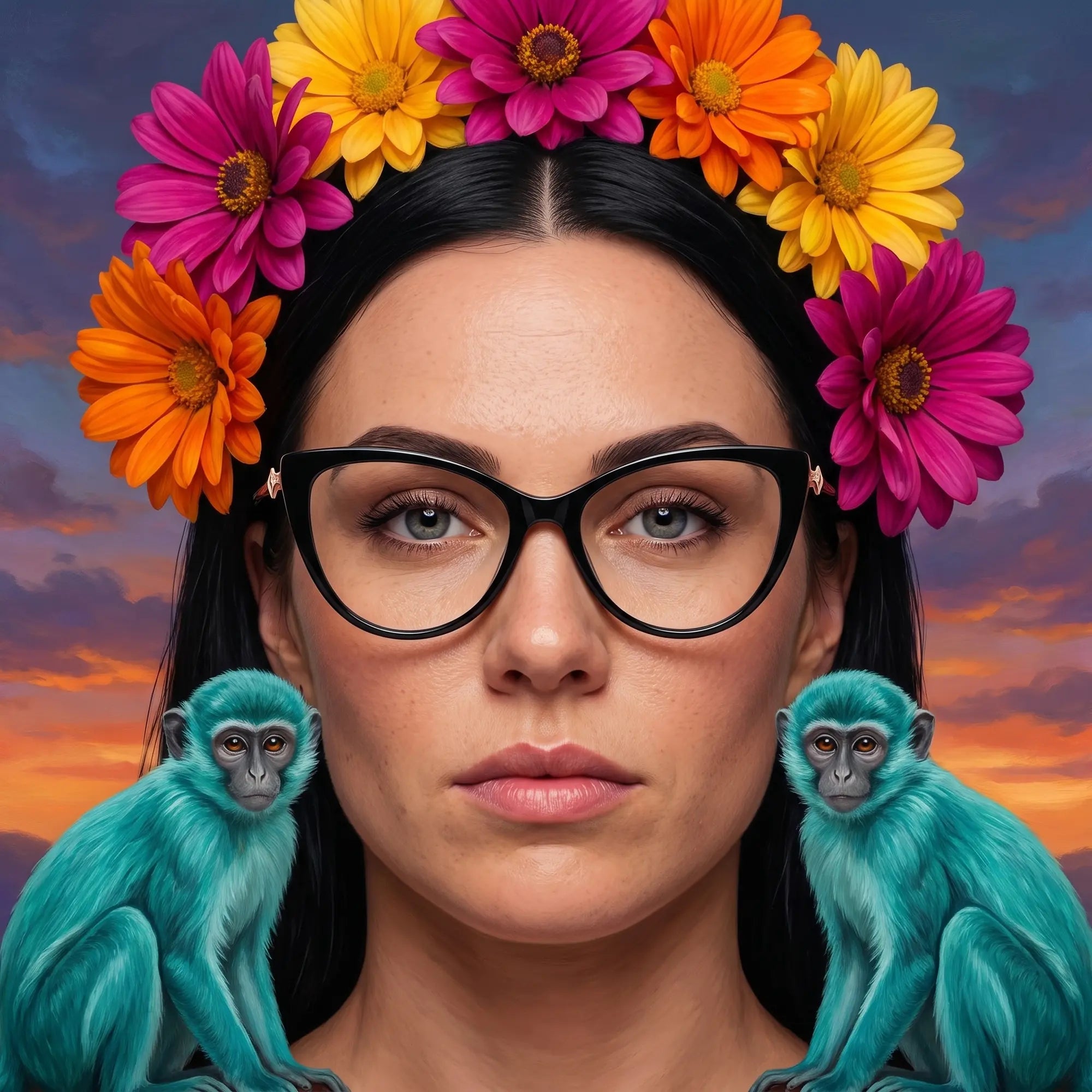 Fiore 1031 eyeglasses in black, worn by a model – campaign portrait, surreal painted portrait with flower crown