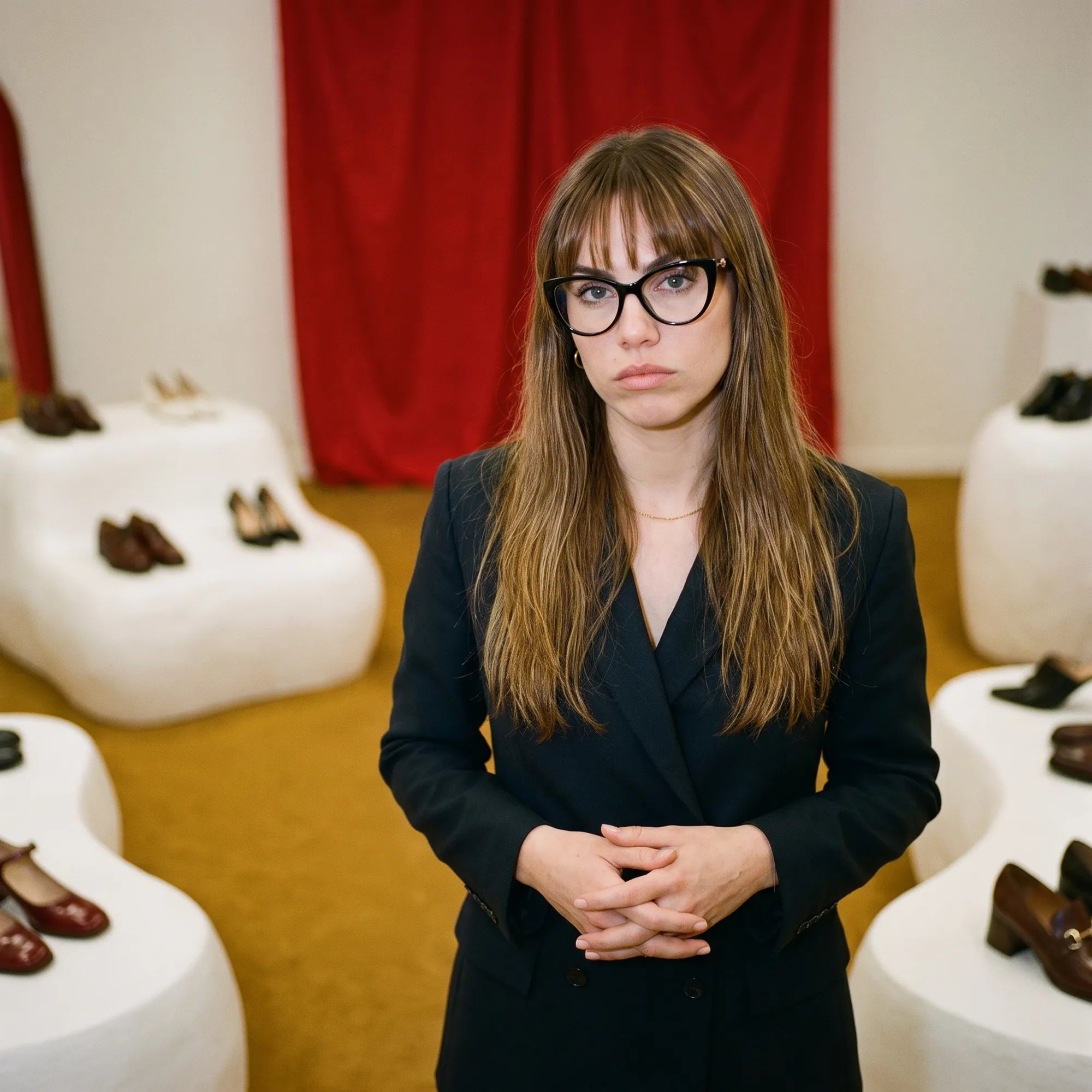 Fiore 1031 eyeglasses in black, worn by a model – campaign portrait, gallery scene with red curtain and plinths