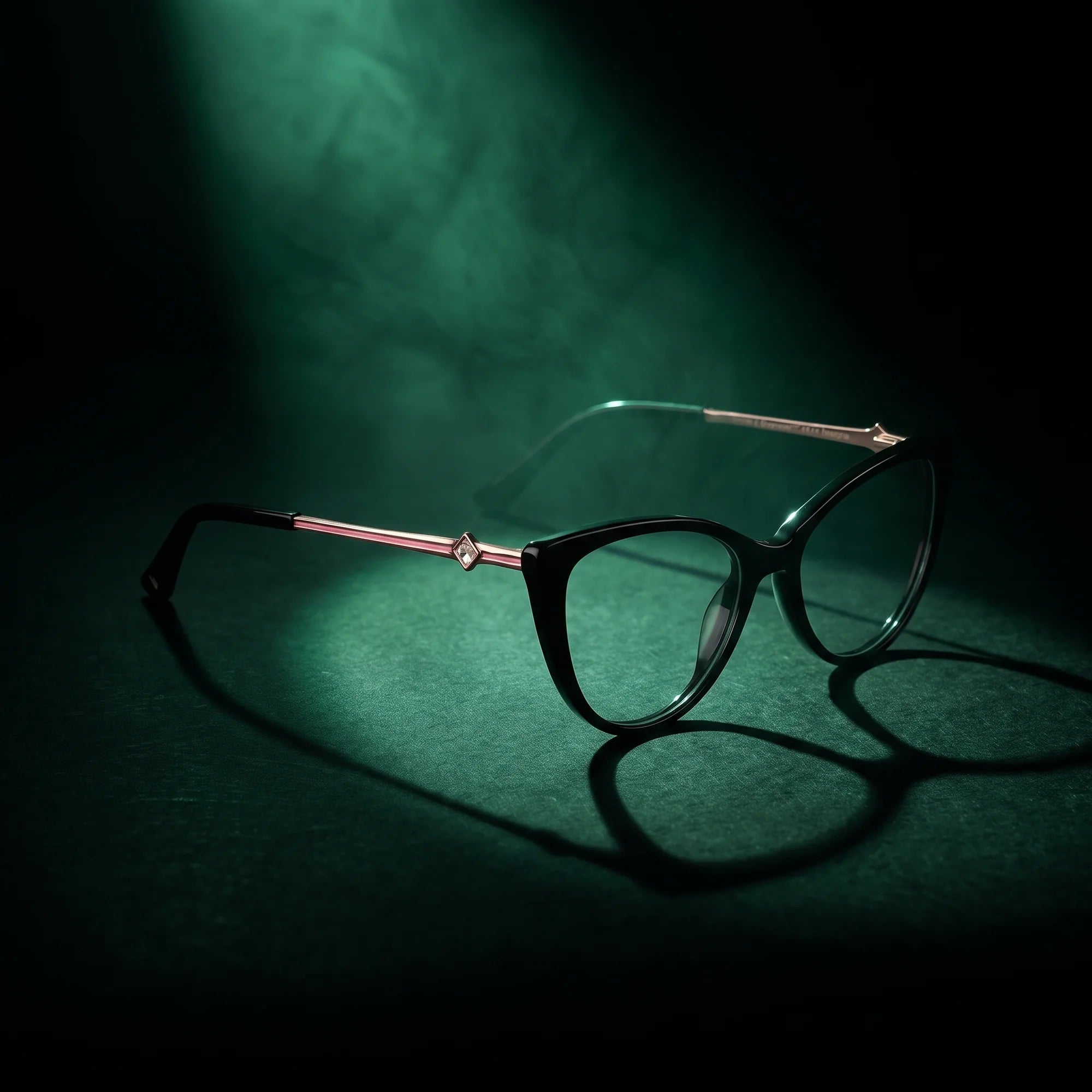 Fiore 1031 eyeglasses in black – under a theatrical beam of light