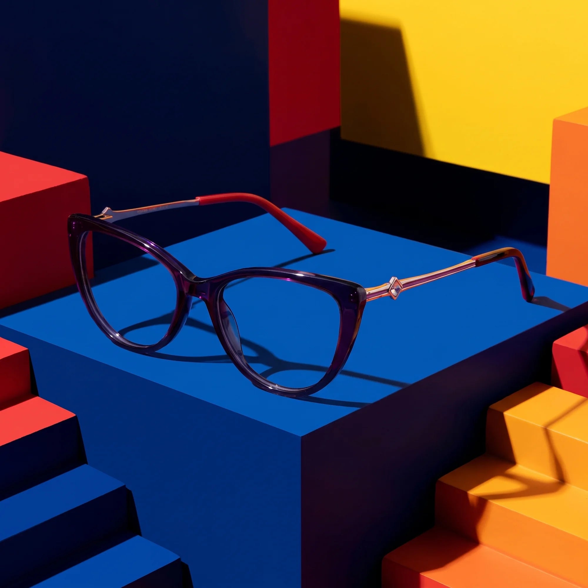 Fiore 1031 eyeglasses in purple green – on bold primary color-block steps