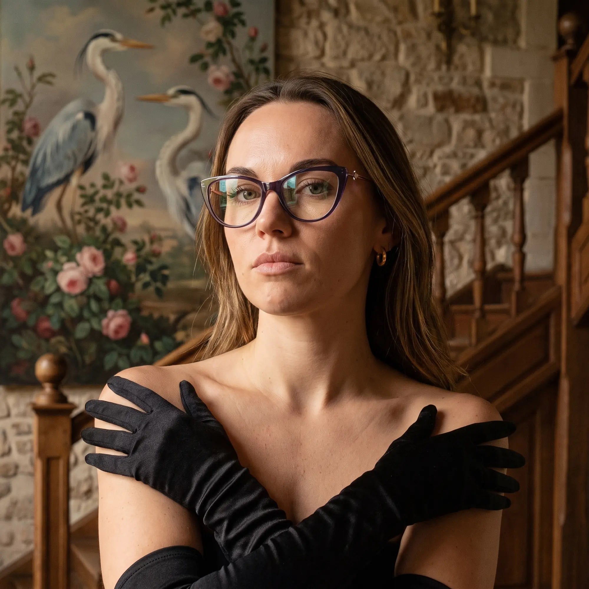 Fiore 1031 eyeglasses in purple green, worn by a model – campaign portrait, manor interior, heron painting and opera gloves