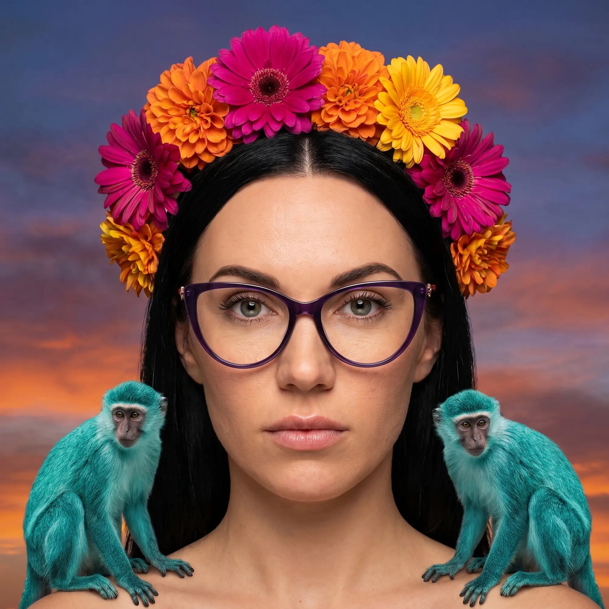 Fiore 1031 eyeglasses in purple green, worn by a model – campaign portrait, surreal painted portrait with flower crown