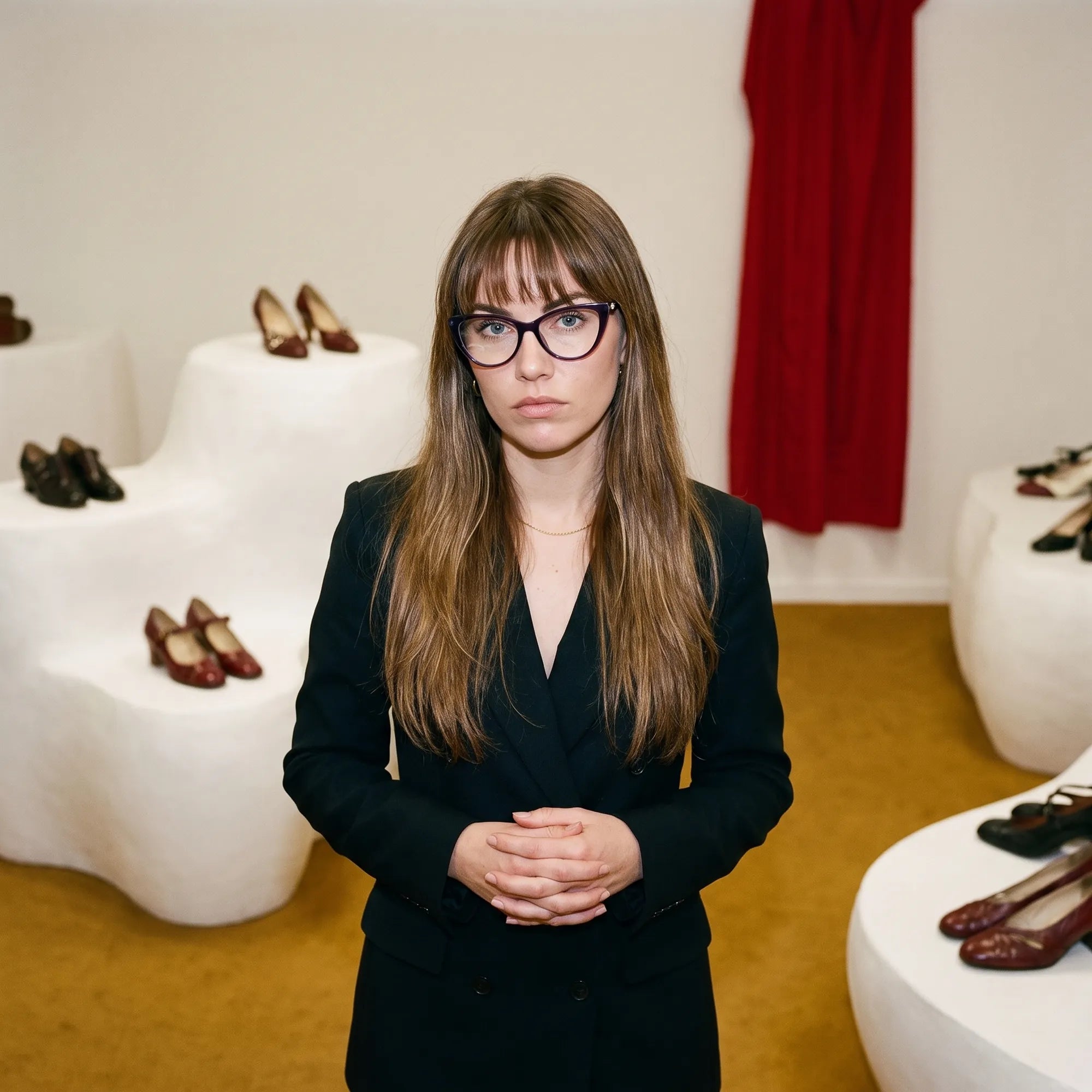 Fiore 1031 eyeglasses in purple green, worn by a model – campaign portrait, gallery scene with red curtain and plinths