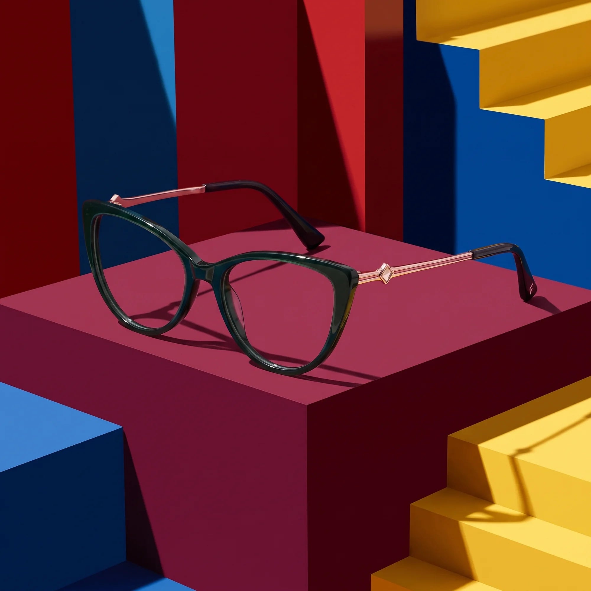 Fiore 1031 eyeglasses in green – on bold primary color-block steps