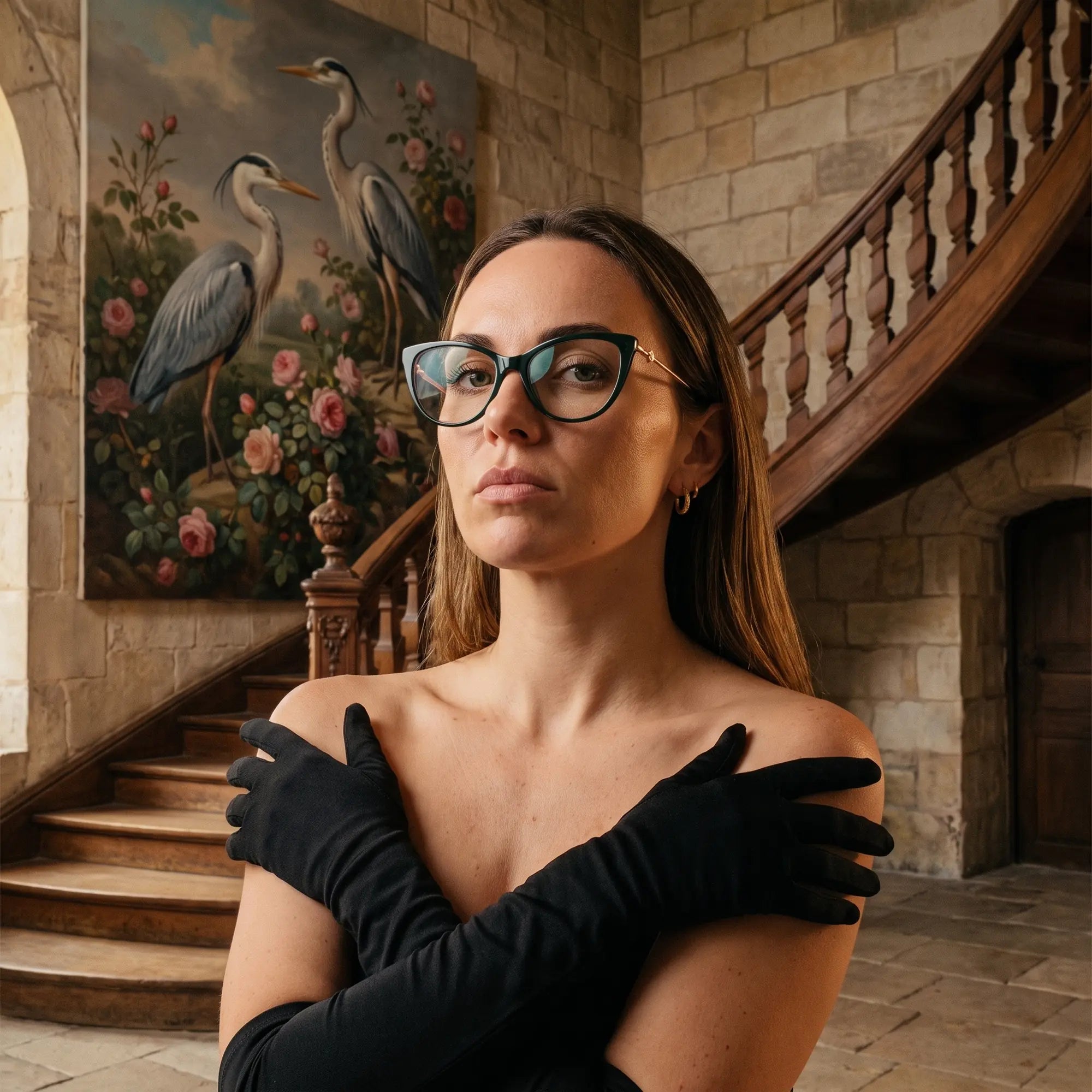 Fiore 1031 eyeglasses in green, worn by a model – campaign portrait, manor interior, heron painting and opera gloves