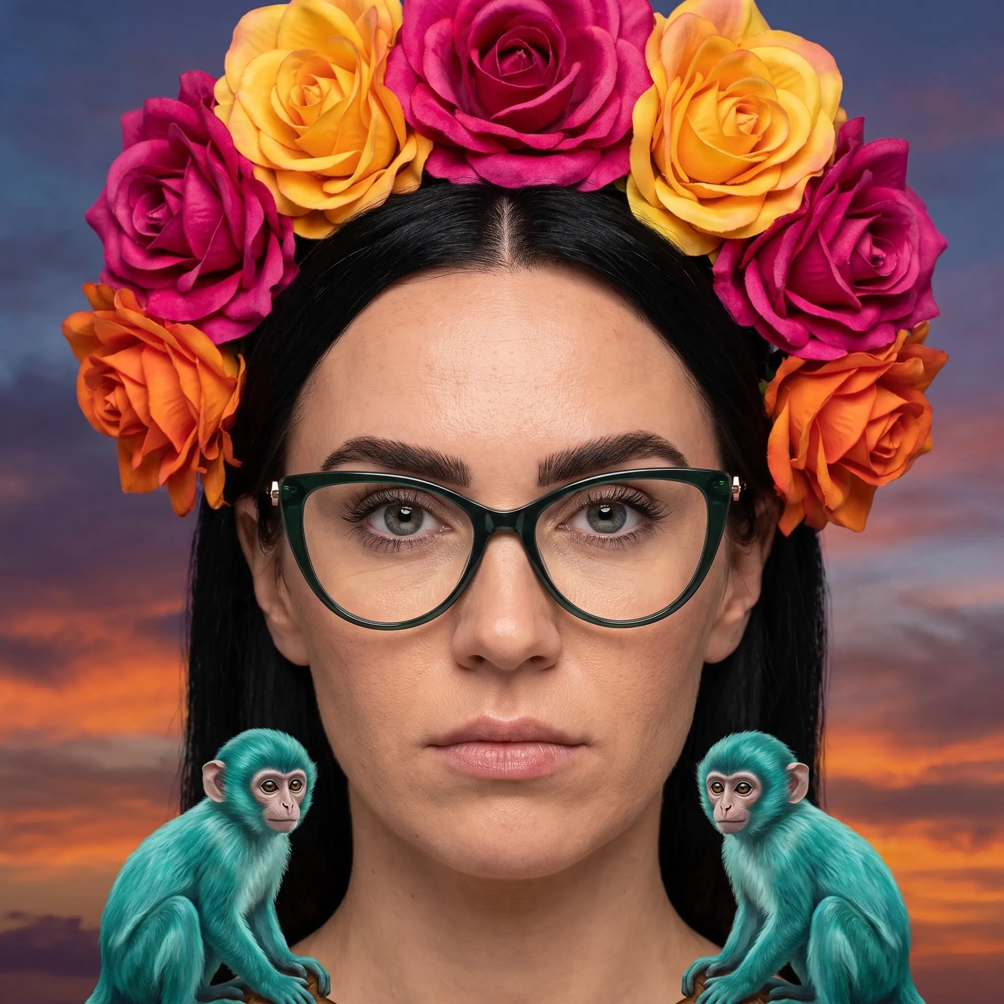 Fiore 1031 eyeglasses in green, worn by a model – campaign portrait, surreal painted portrait with flower crown