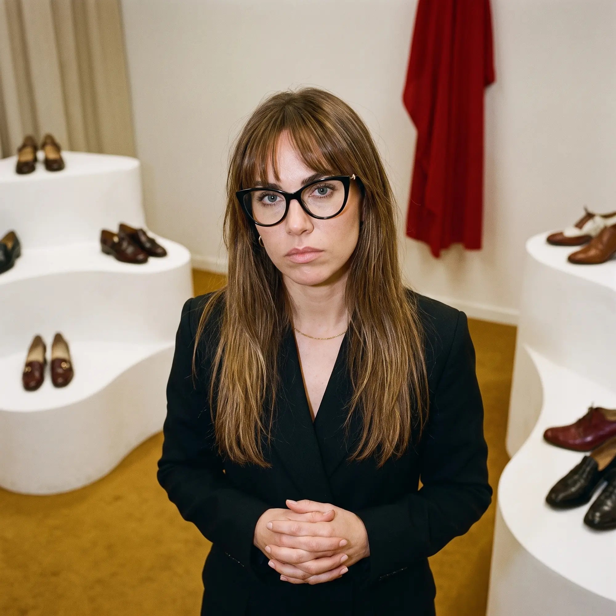 Fiore 1031 eyeglasses in green, worn by a model – campaign portrait, gallery scene with red curtain and plinths