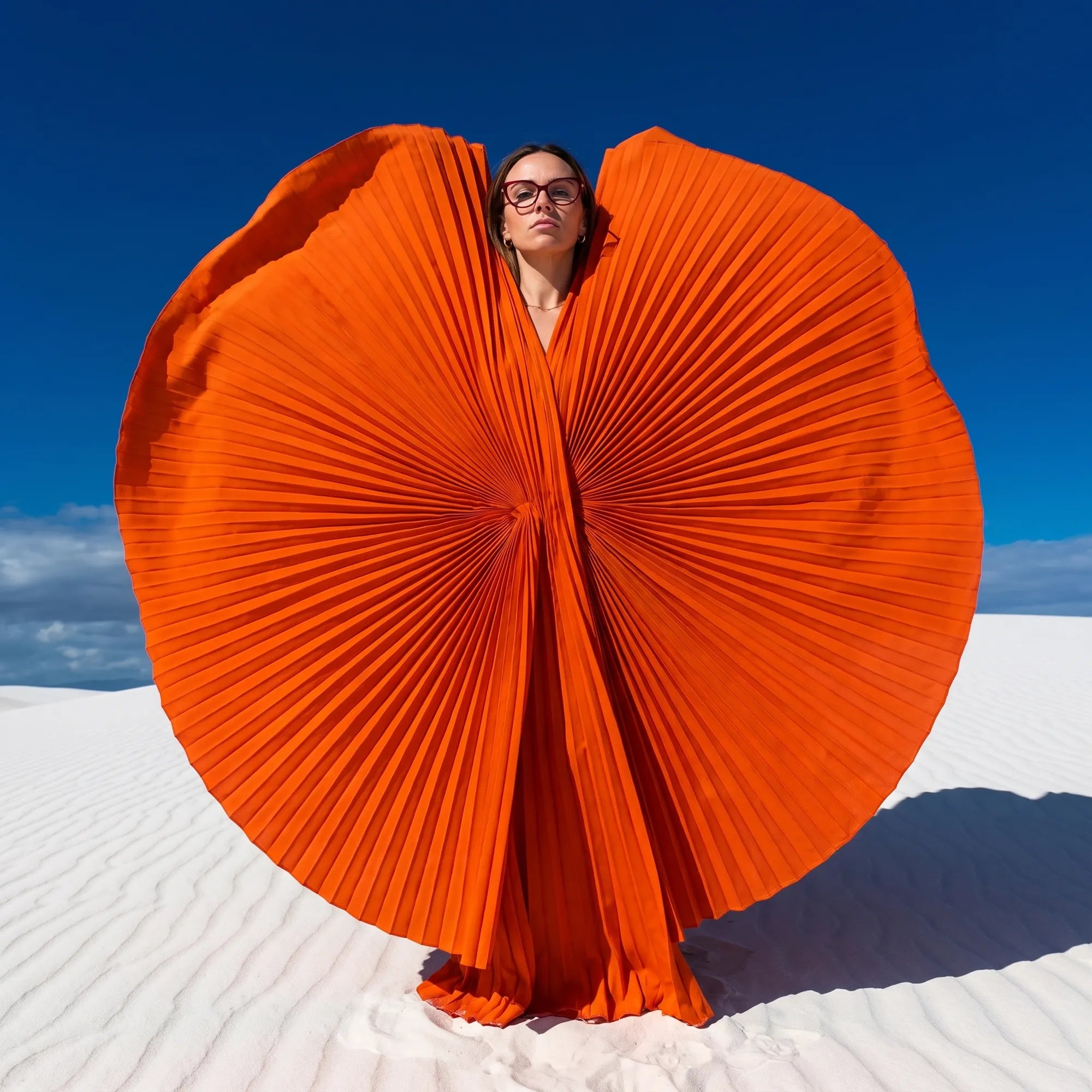 Fiore 1031 eyeglasses in red, worn by a model – campaign portrait, sculptural orange pleated fan on white dunes