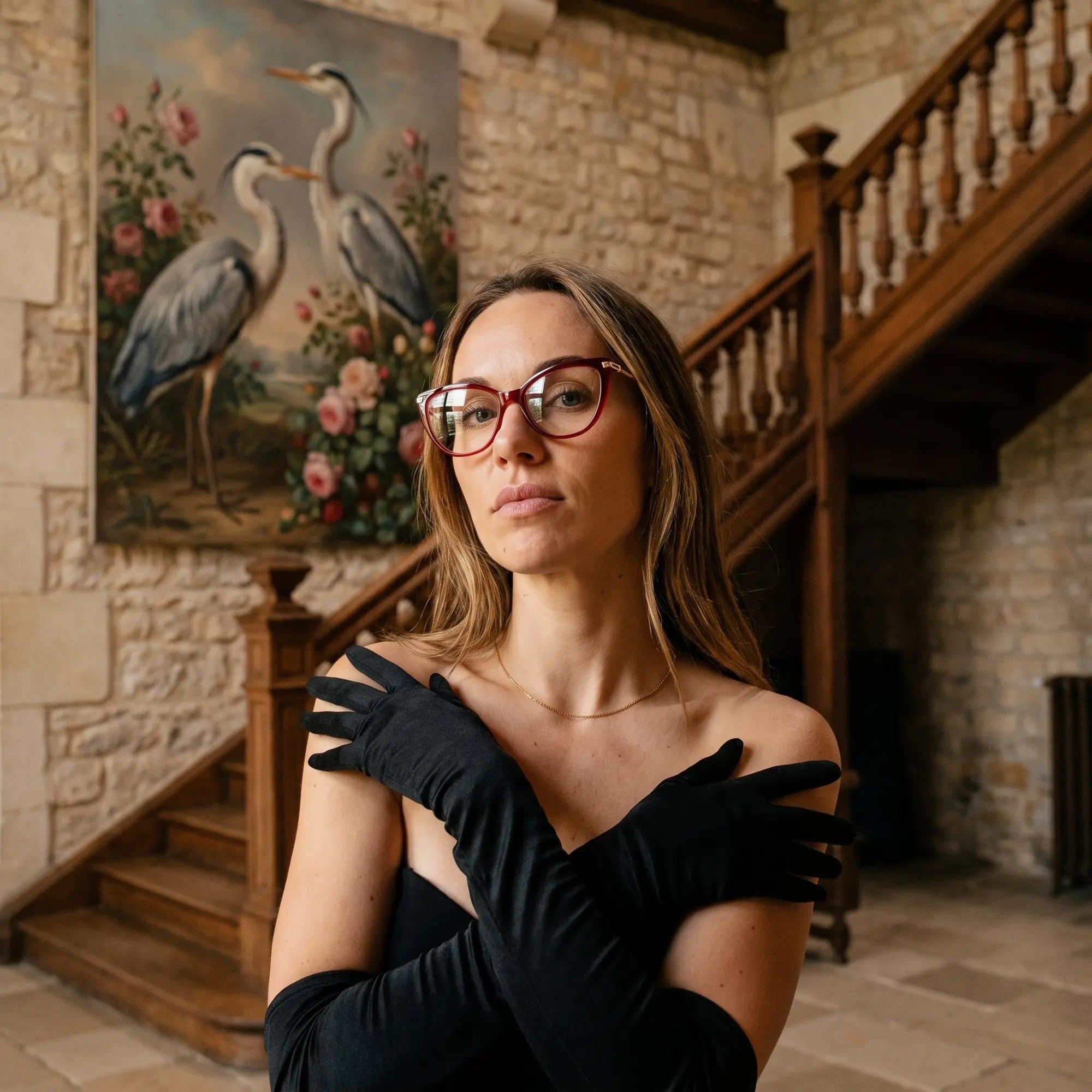 Fiore 1031 eyeglasses in red, worn by a model – campaign portrait, manor interior, heron painting and opera gloves
