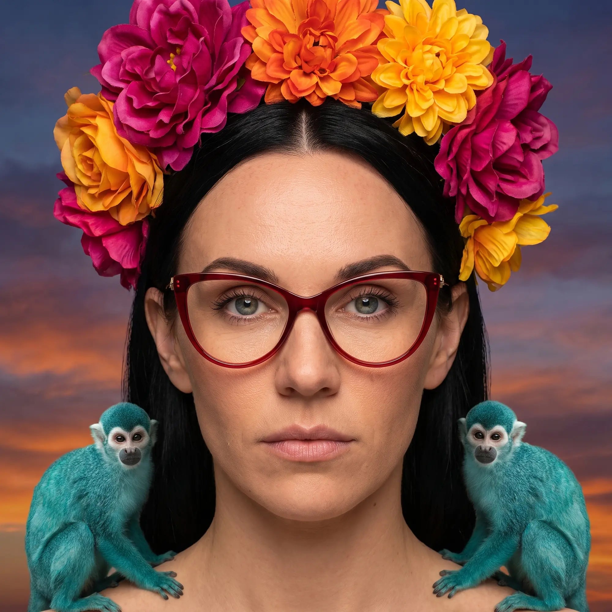 Fiore 1031 eyeglasses in red, worn by a model – campaign portrait, surreal painted portrait with flower crown