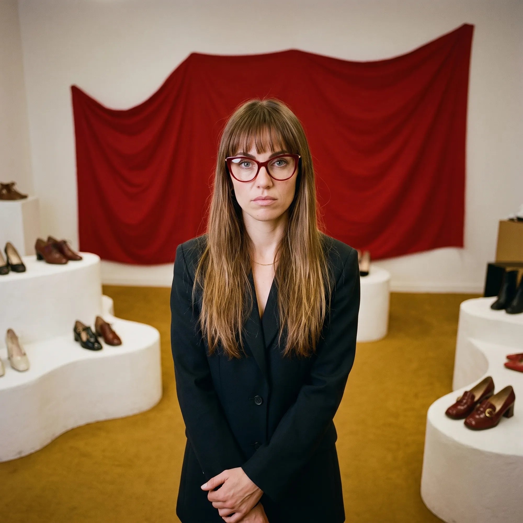 Fiore 1031 eyeglasses in red, worn by a model – campaign portrait, gallery scene with red curtain and plinths