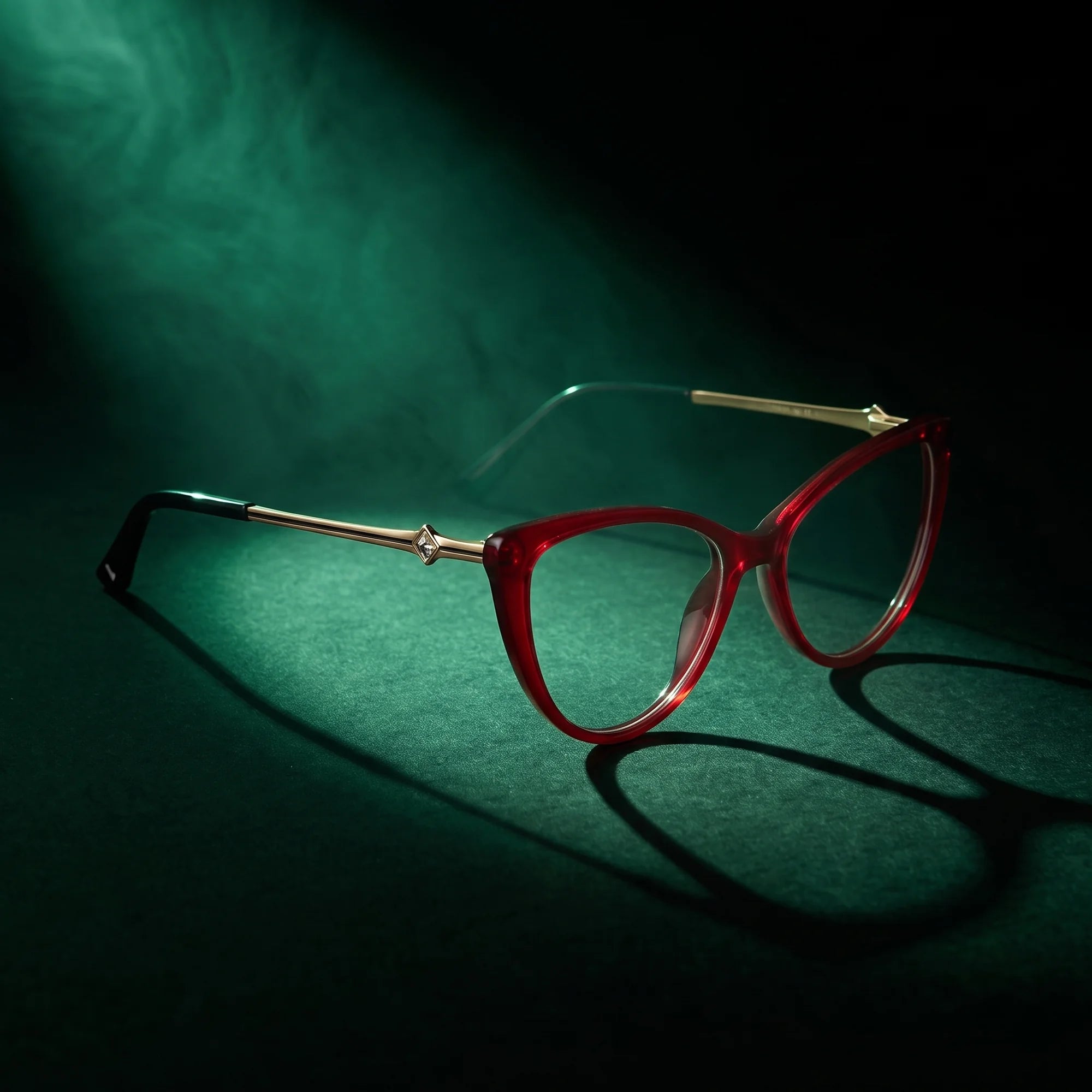 Fiore 1031 eyeglasses in red – under a theatrical beam of light
