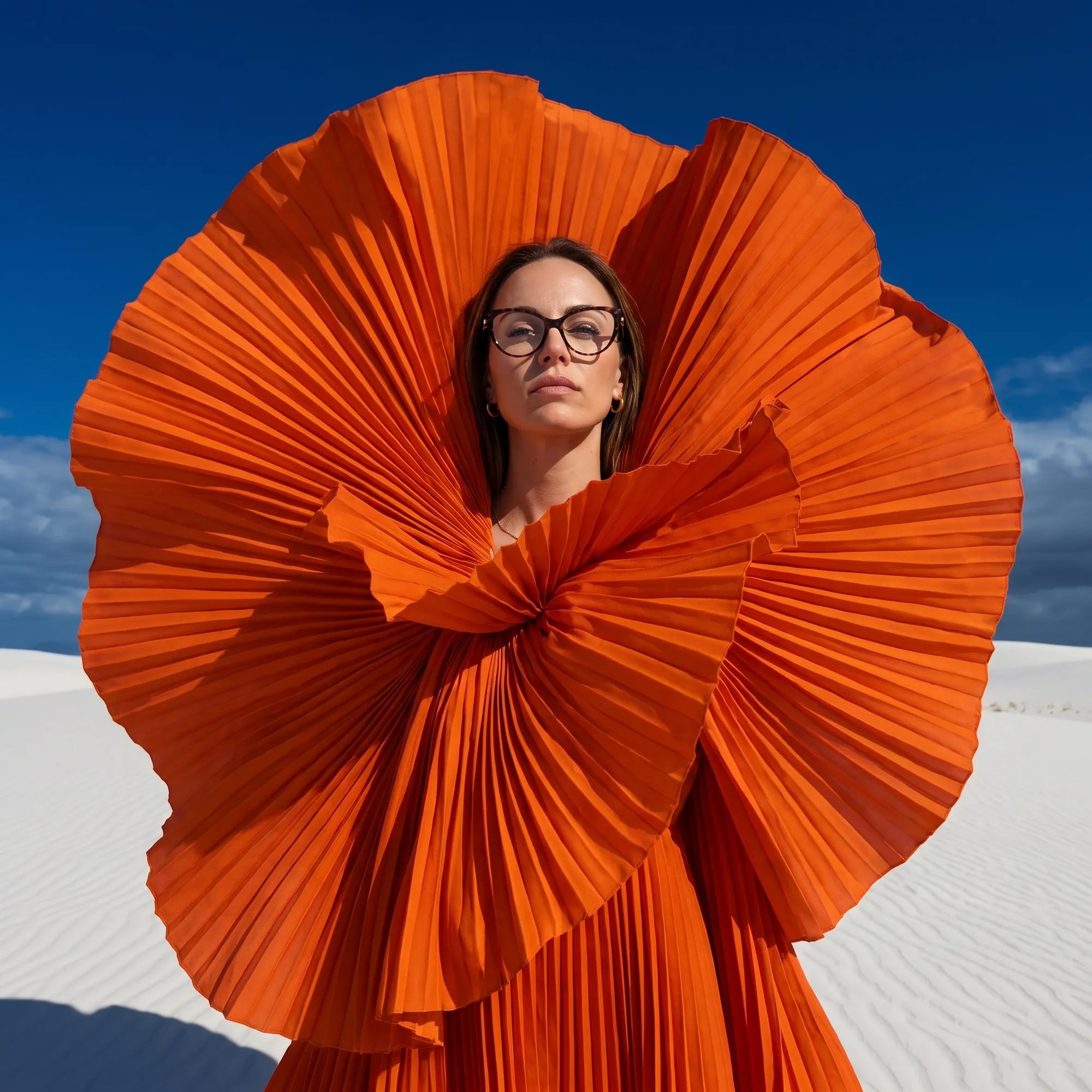 Fiore 1031 eyeglasses in tortoiseshell, worn by a model – campaign portrait, sculptural orange pleated fan on white dunes