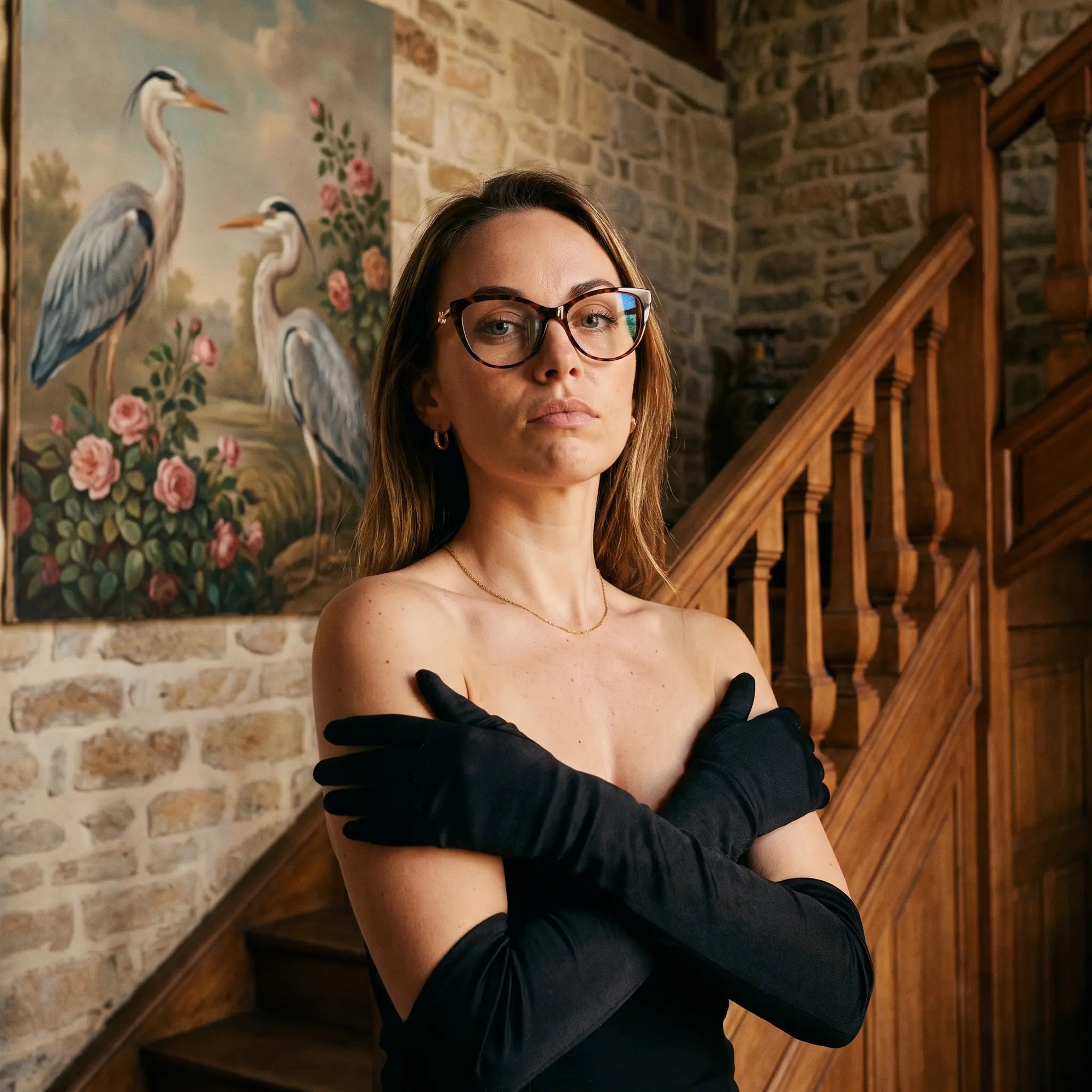 Fiore 1031 eyeglasses in tortoiseshell, worn by a model – campaign portrait, manor interior, heron painting and opera gloves