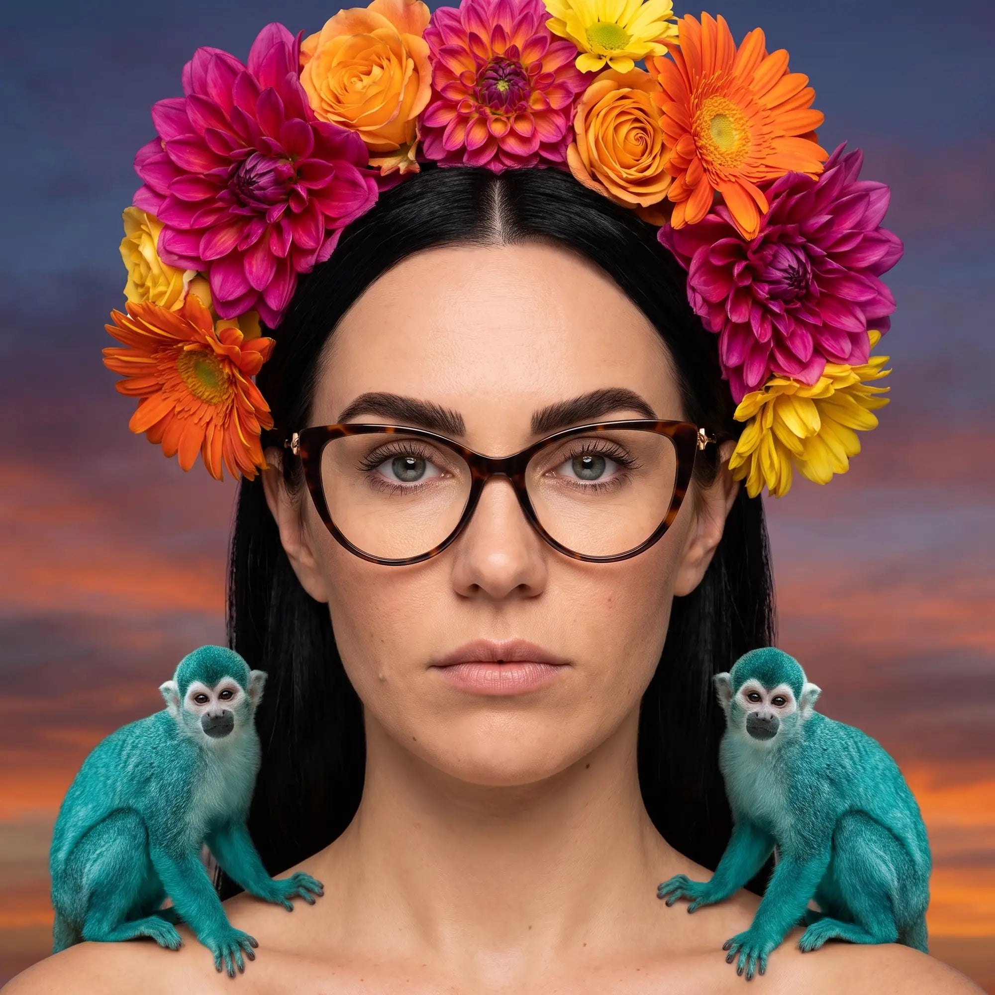 Fiore 1031 eyeglasses in tortoiseshell, worn by a model – campaign portrait, surreal painted portrait with flower crown