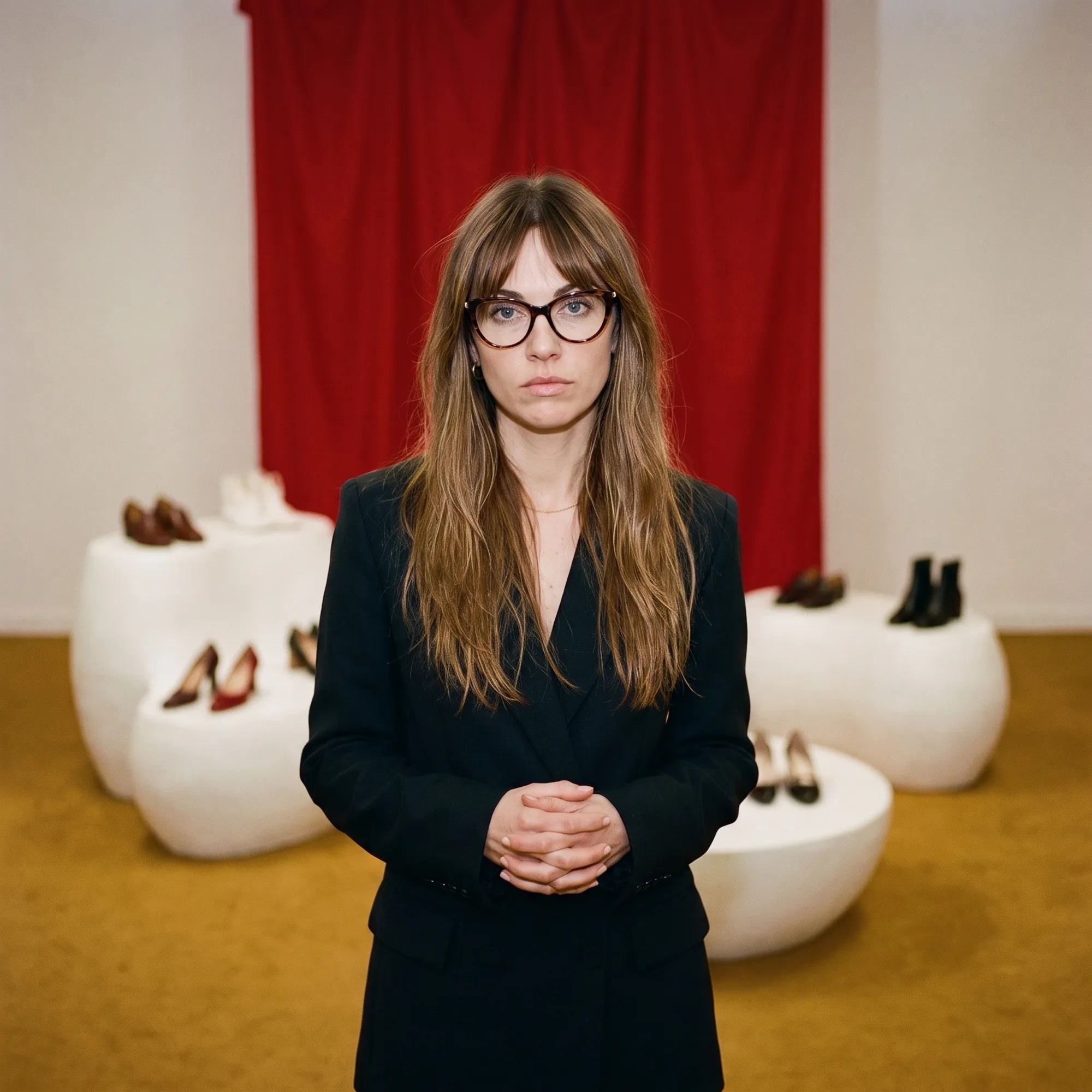 Fiore 1031 eyeglasses in tortoiseshell, worn by a model – campaign portrait, gallery scene with red curtain and plinths