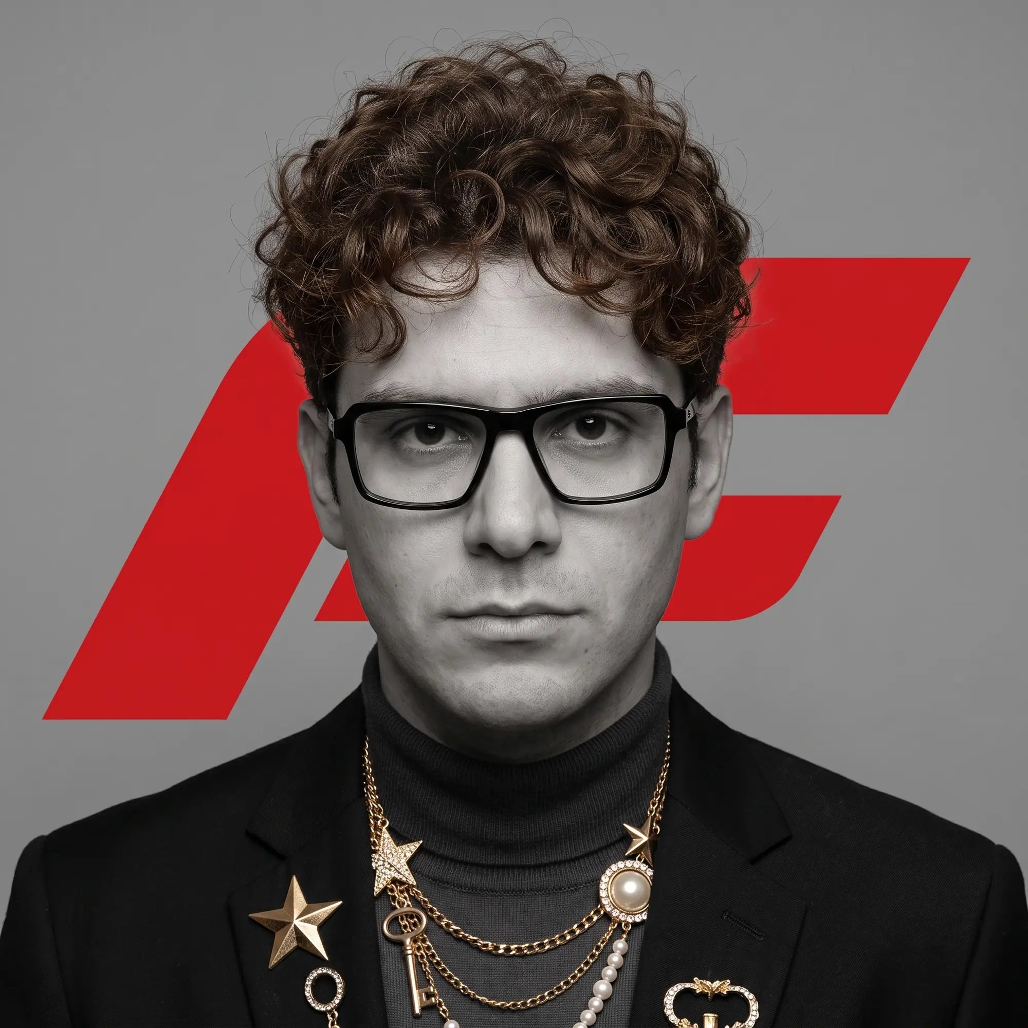 Fiore 1038 eyeglasses in black, worn by a model – campaign portrait, graphic studio portrait with bold red shapes