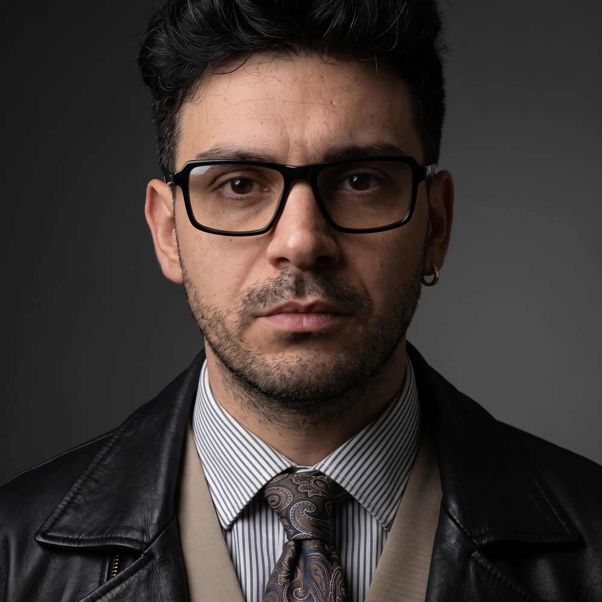 Fiore 1038 eyeglasses in black, worn by a model – campaign portrait, minimal studio portrait in soft daylight
