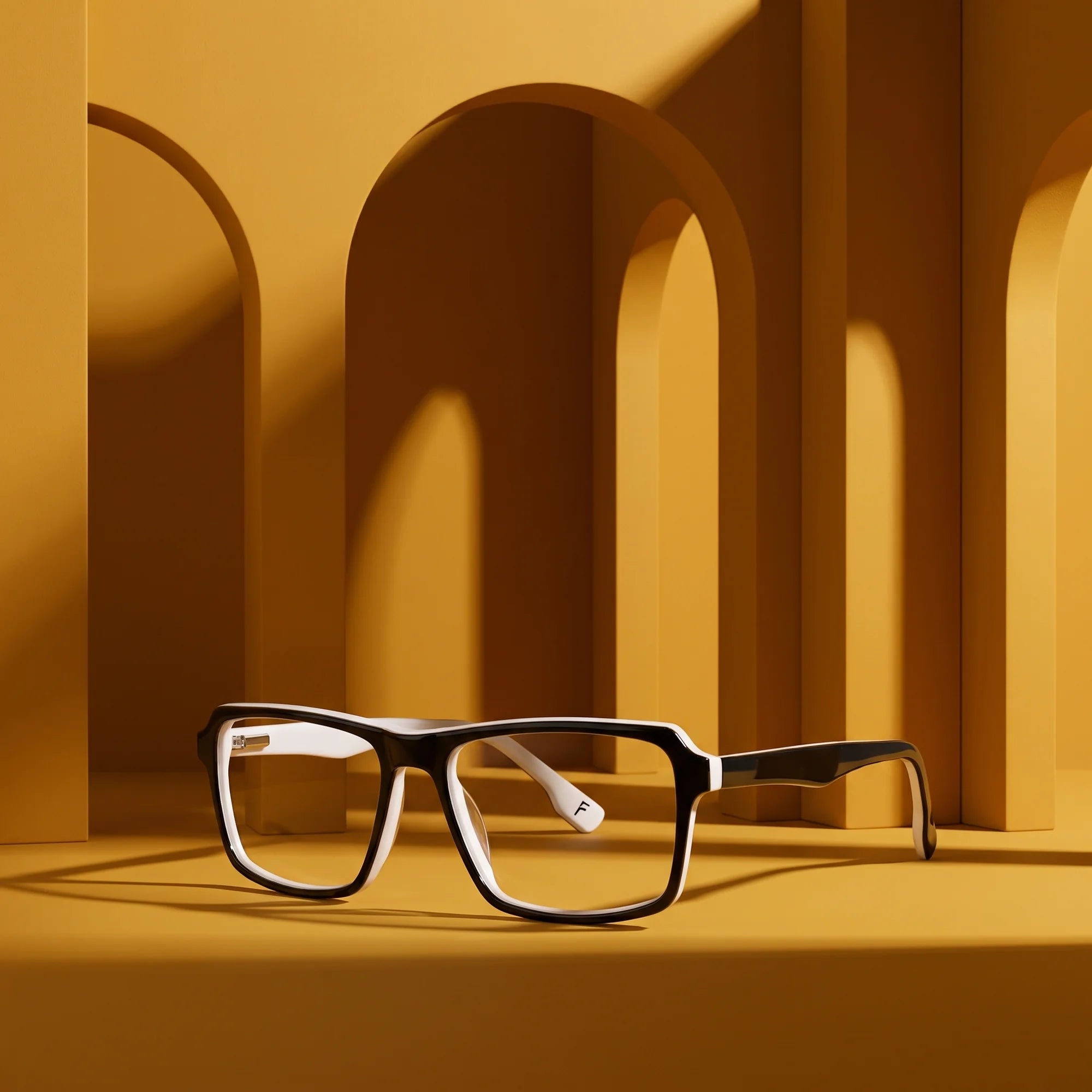 Fiore 1038 eyeglasses in black white – displayed on a mustard ochre podium among arches