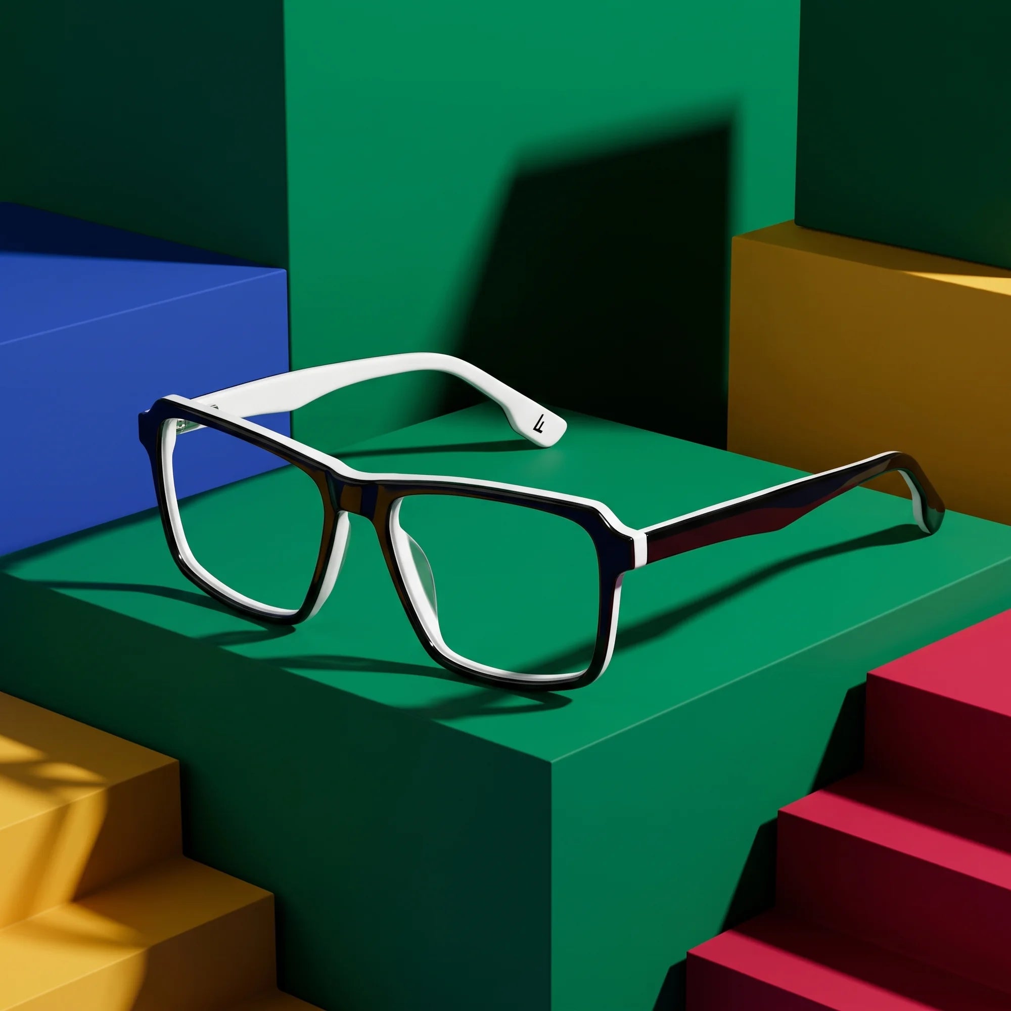 Fiore 1038 eyeglasses in black white – on bold primary color-block steps