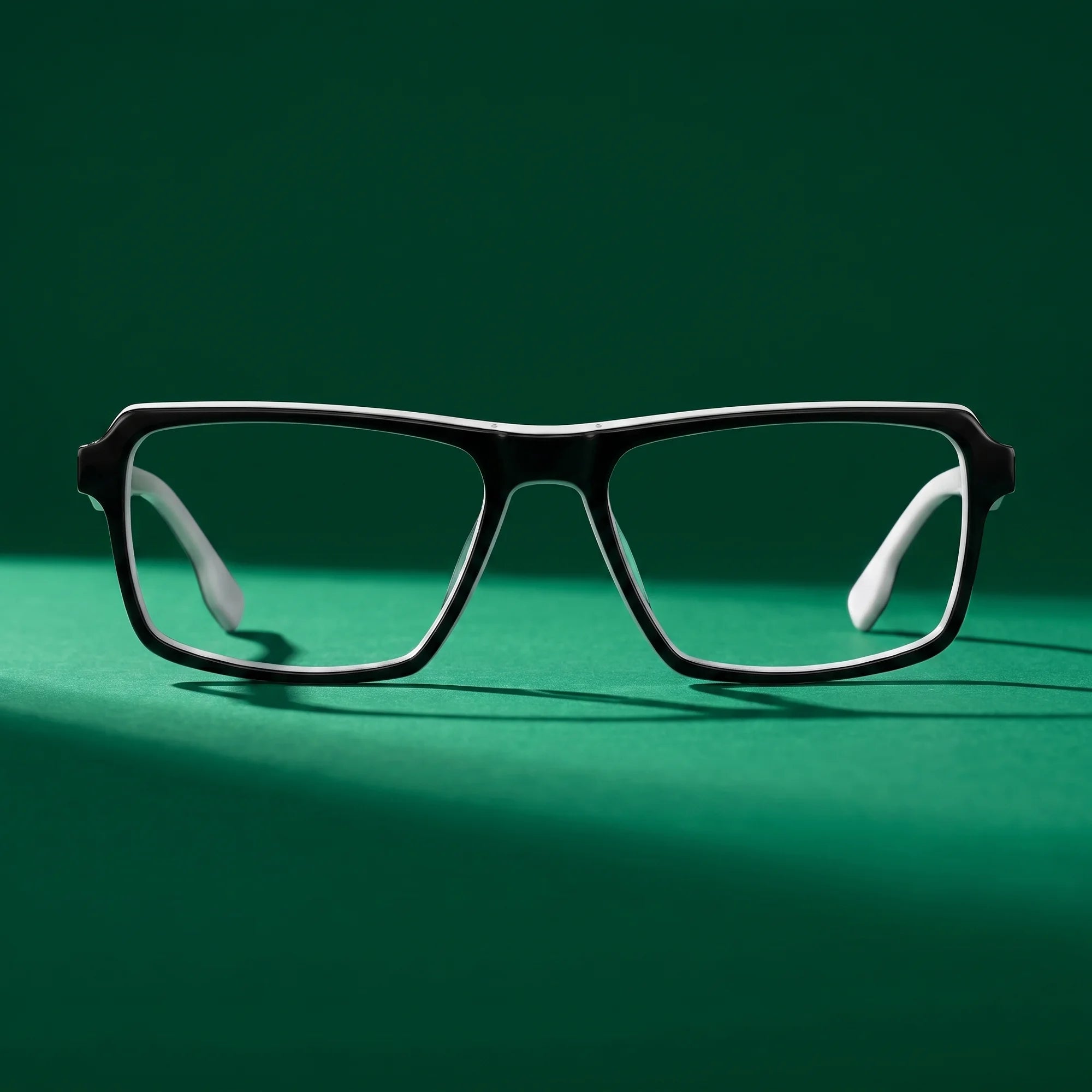 Fiore 1038 eyeglasses in black white – still life on a seamless emerald studio backdrop
