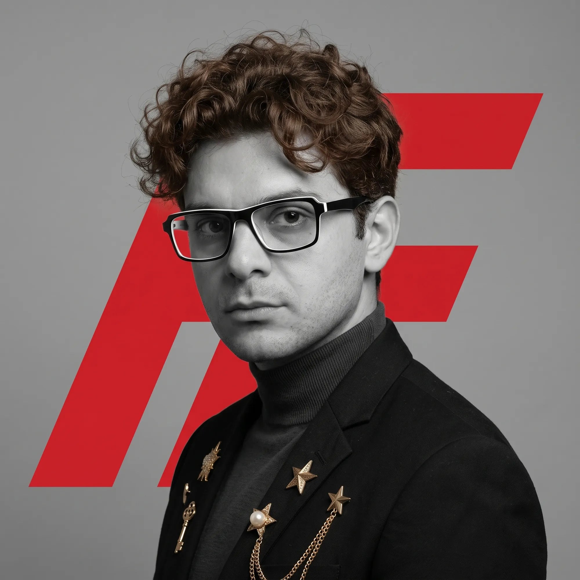 Fiore 1038 eyeglasses in black white, worn by a model – campaign portrait, graphic studio portrait with bold red shapes