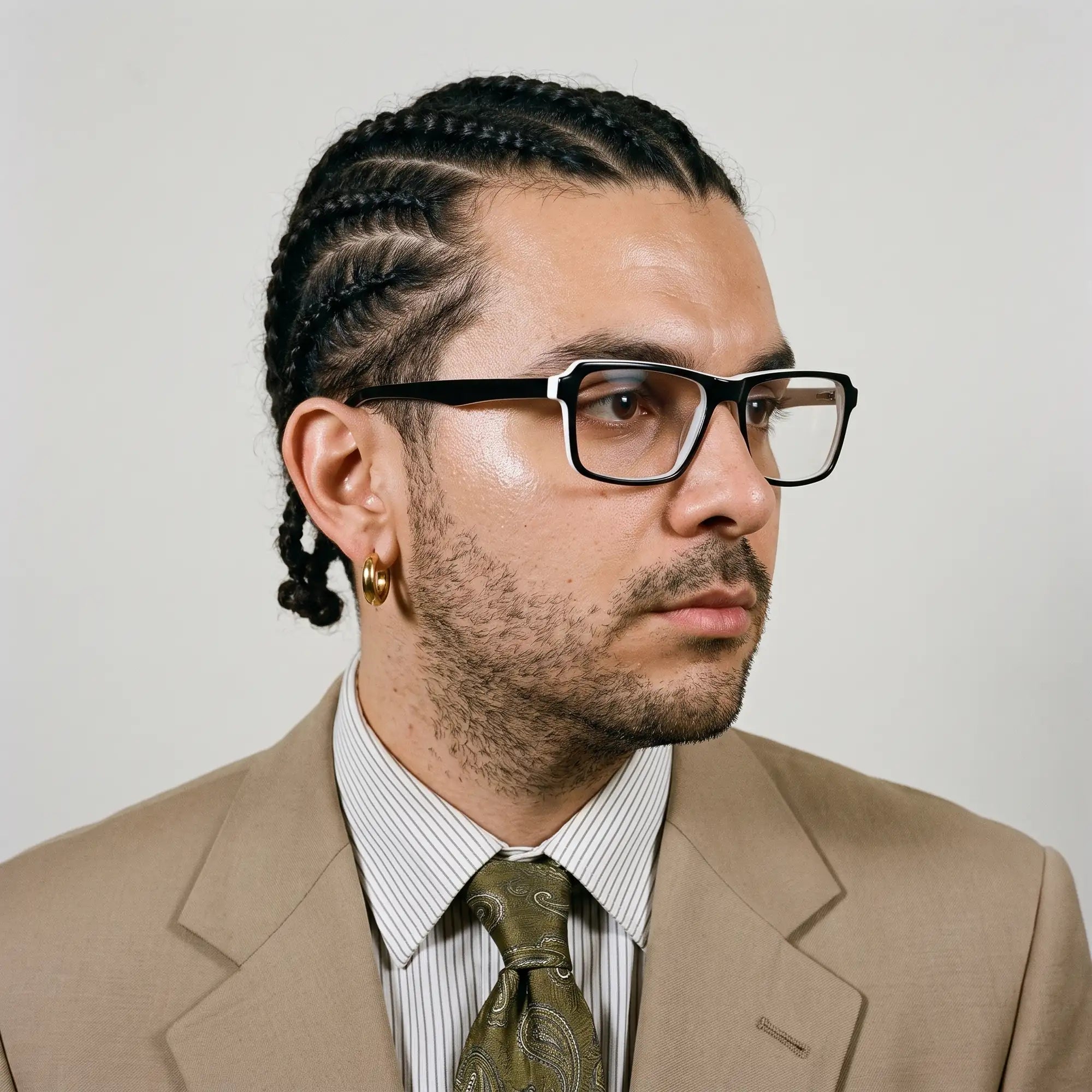 Fiore 1038 eyeglasses in black white, worn by a model – campaign portrait, clean beige studio three-quarter portrait