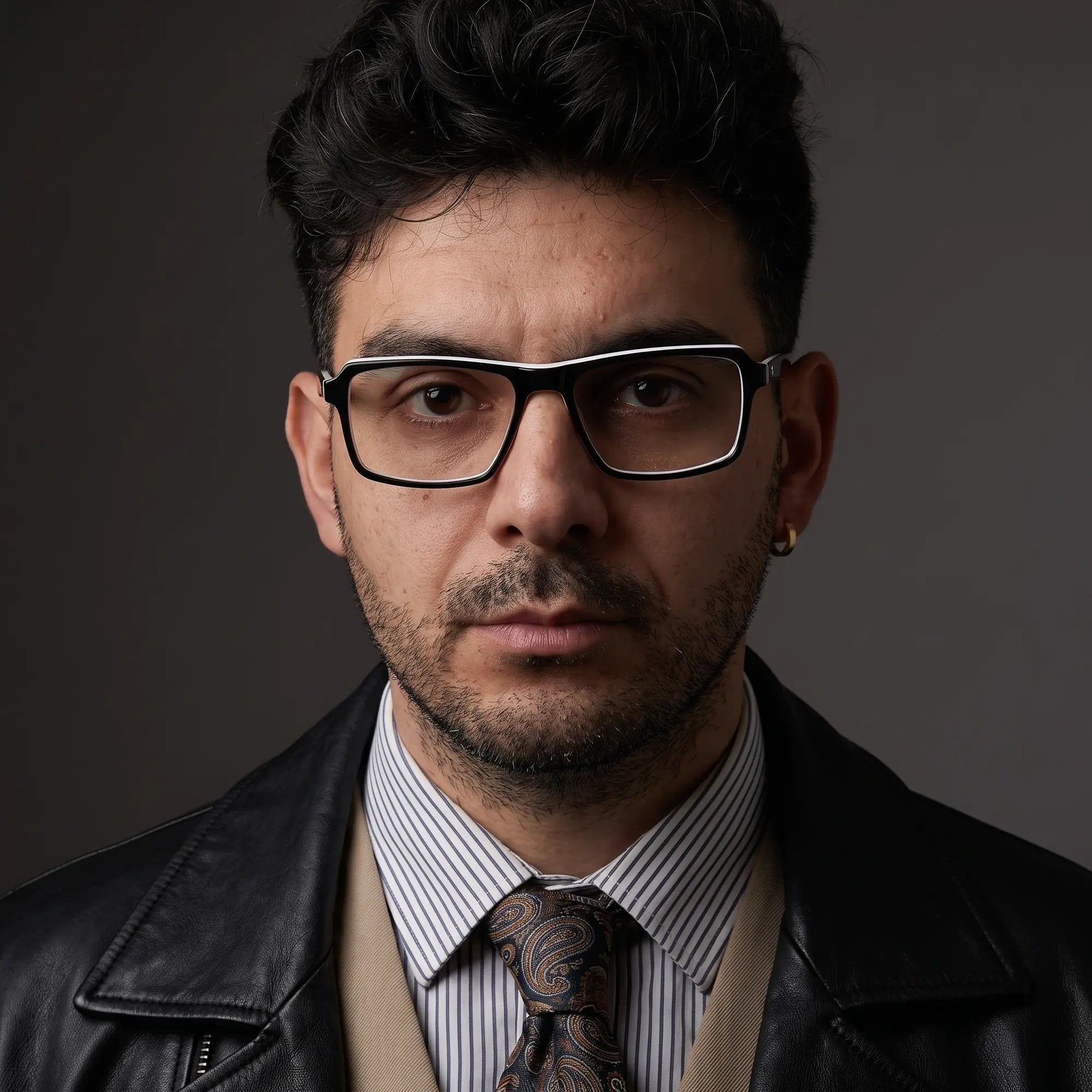 Fiore 1038 eyeglasses in black white, worn by a model – campaign portrait, minimal studio portrait in soft daylight