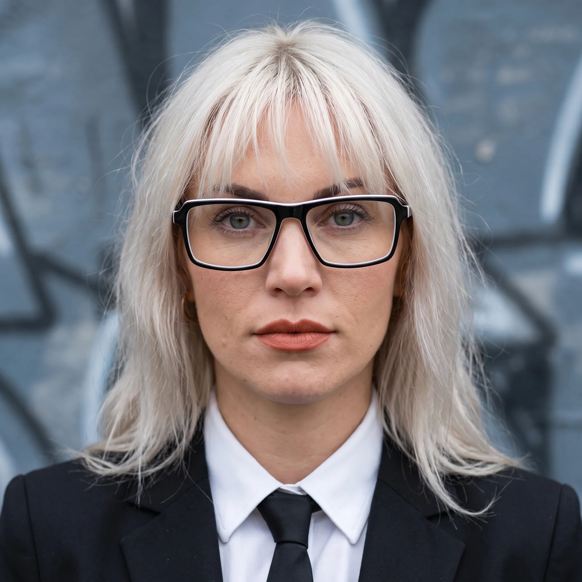 Fiore 1038 eyeglasses in black white, worn by a model – campaign portrait, confident portrait with gold chain necklace