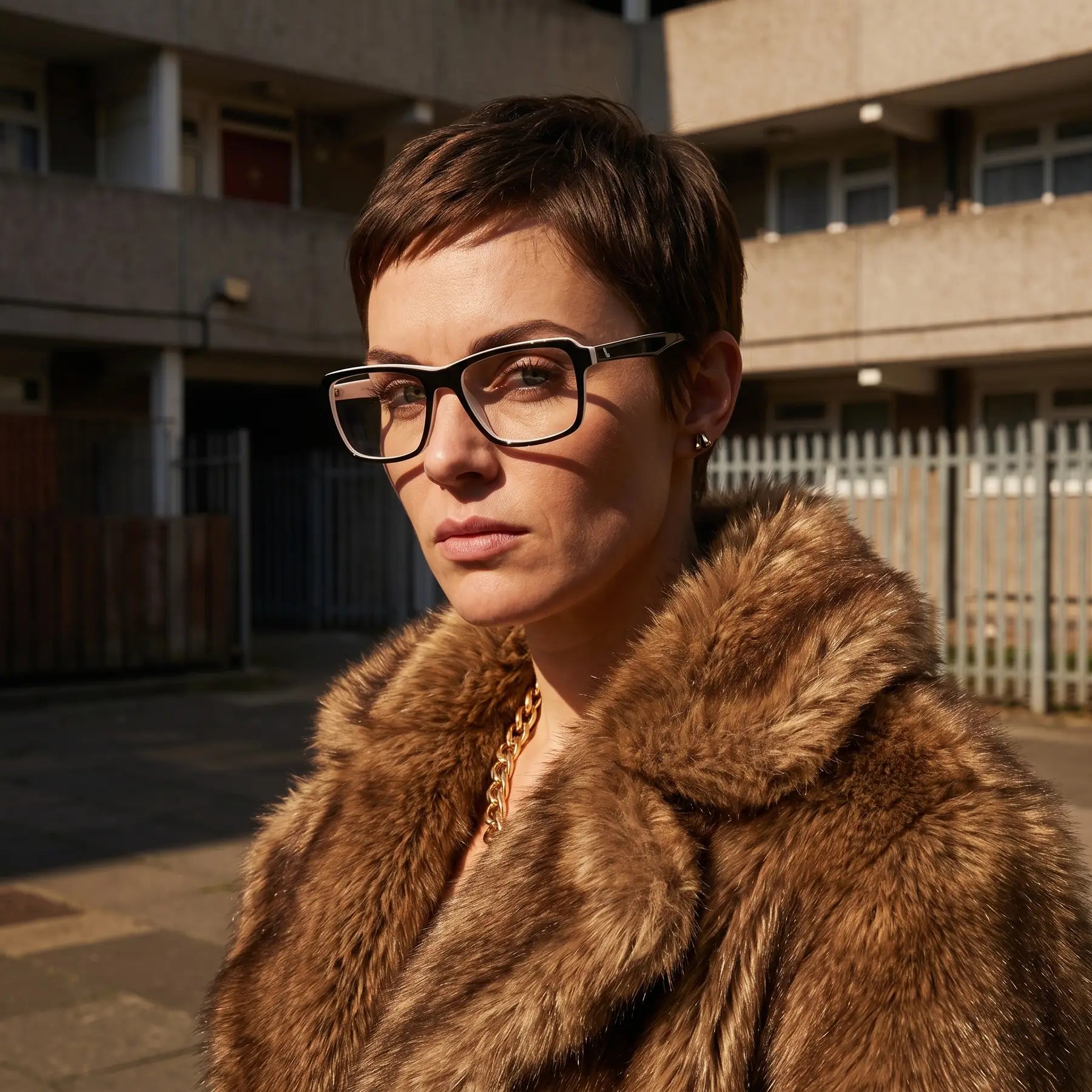 Fiore 1038 eyeglasses in black white, worn by a model – campaign portrait, street portrait rooted in city heritage